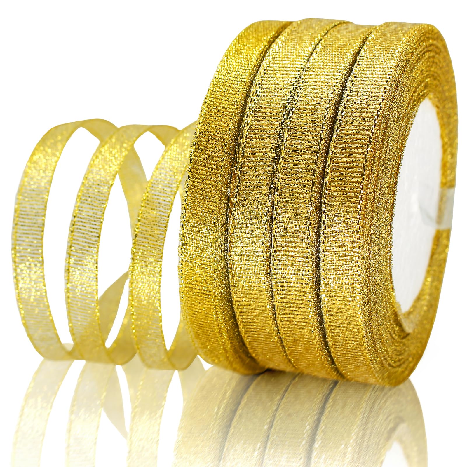 FQTANJU 3/8 Inch Golden Glitter Ribbon, 100 Yards Sparkly Metallic Fabric Ribbon Roll for Gift Wrapping, Floral Bouquet, Wedding Birthday Christmas Party Decoration and Crafts