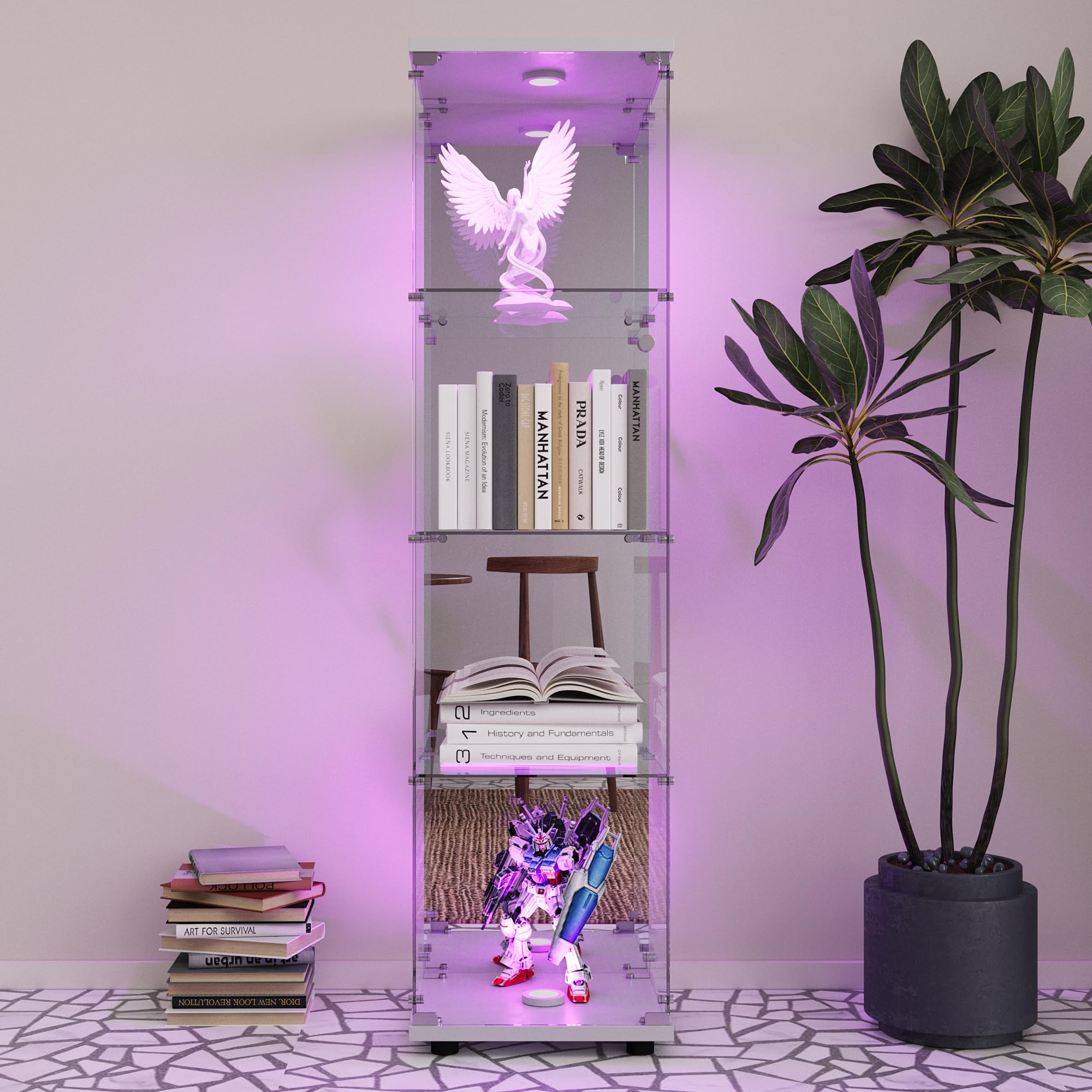 Vitrina de cristal con espejo, vitrina con iluminación LED, cerradura y 1 puerta, 4 compartimentos, vitrina con cristal para coleccionistas, LED para coleccionar (1 puerta)
