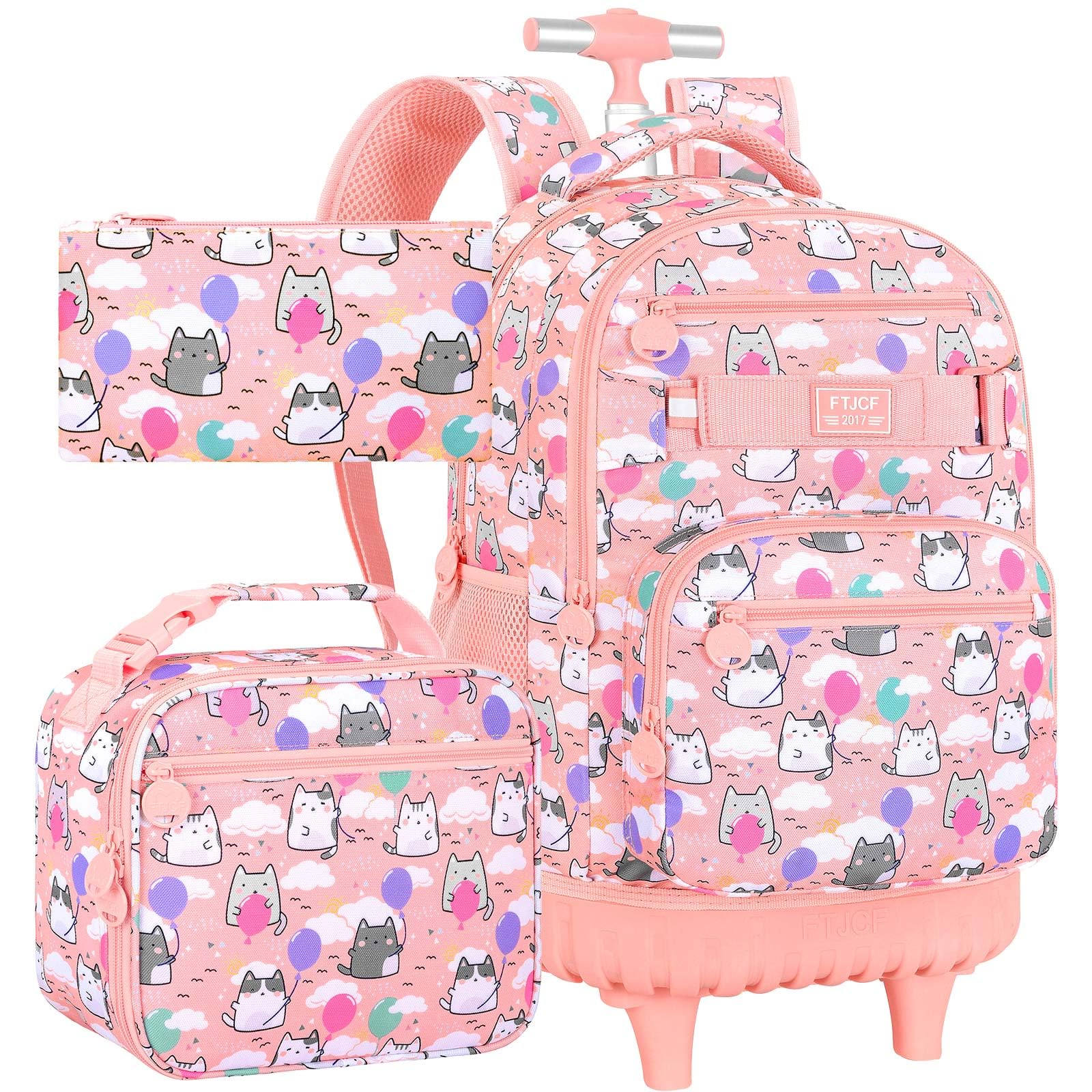 UFNDC 3PCS Girls Rolling Backpack, Women Pink Cloudy Cat Backpacks with Wheels，Water-Resistant Travel Roller Wheeled Bookbag