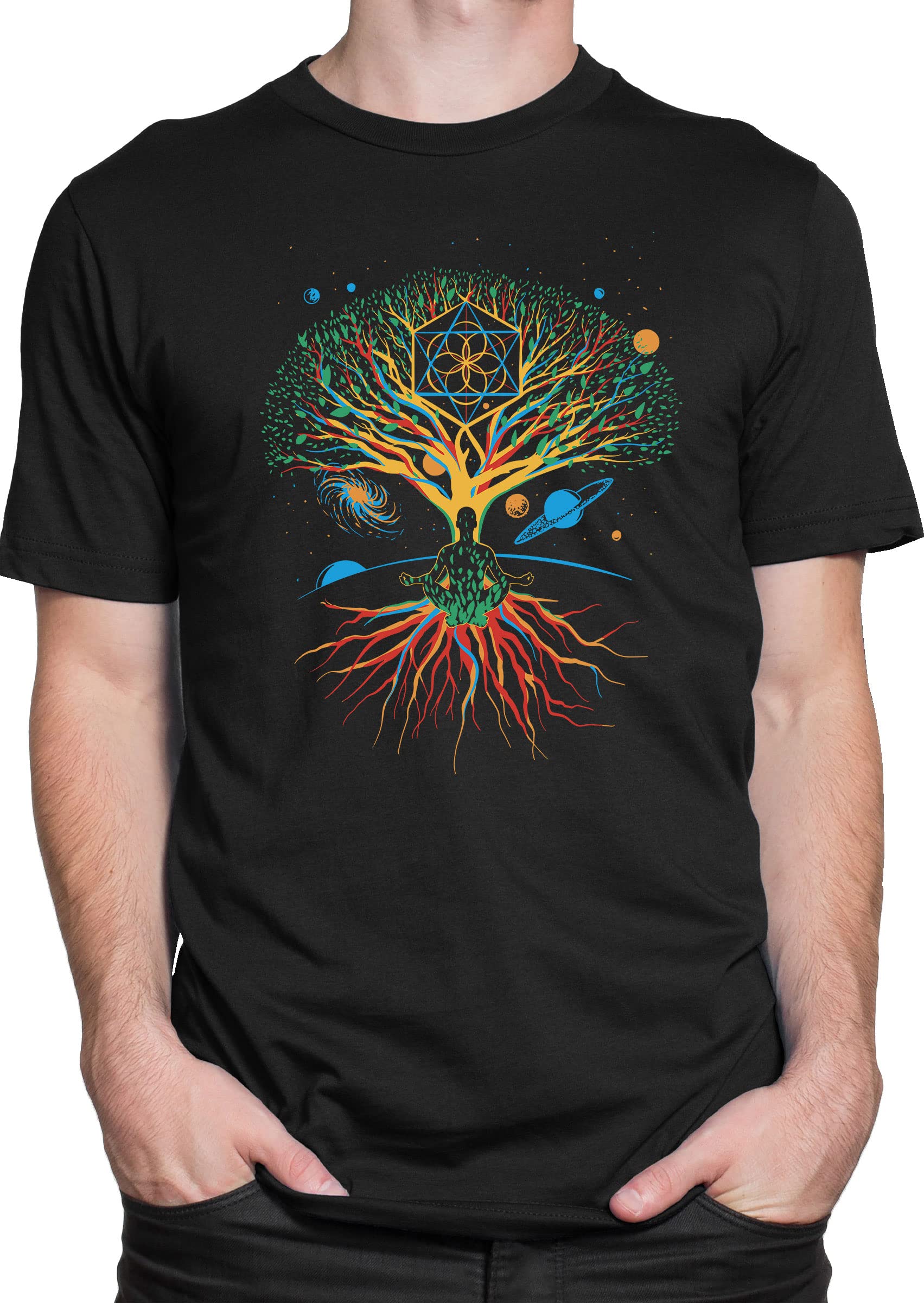 Meditation Zen Tree of Life Graphic T-Shirt - Lightweight & Breathable Round Neck Cotton T-Shirt - Psychedelic Buddhist Mystical Print Tee - Black - XL