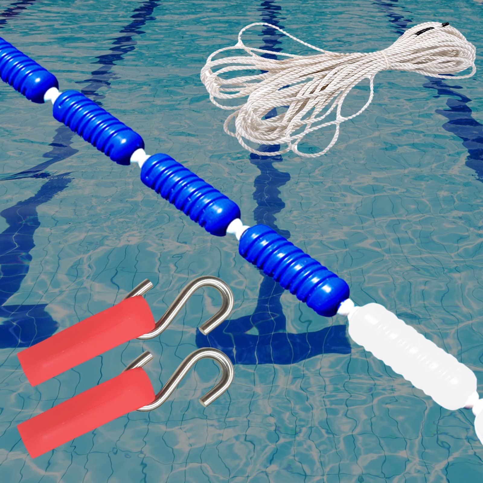 TUOYIBO Pool Divider Floats with Ro, 20 Ft/ 23/26/ 30/33 Feet Safety Swimming Pools Lane Line, Blue White Spiral Buoy Cords with Stainless Hooks and Nylon Ro 5m