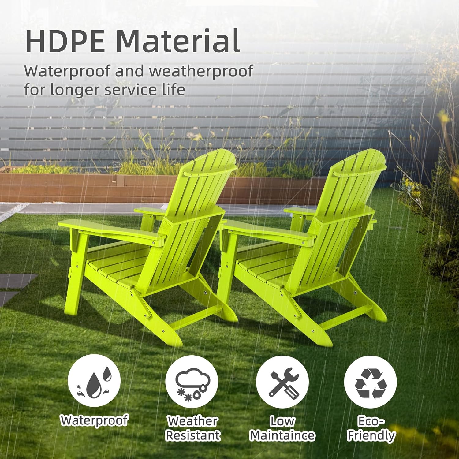 Aoodor Folding Adirondack Chair HDPE Outdoor All-Weather Chair for Patio, Garden, Backyard, Lawn, Fire Pit, Set of 2, Apple