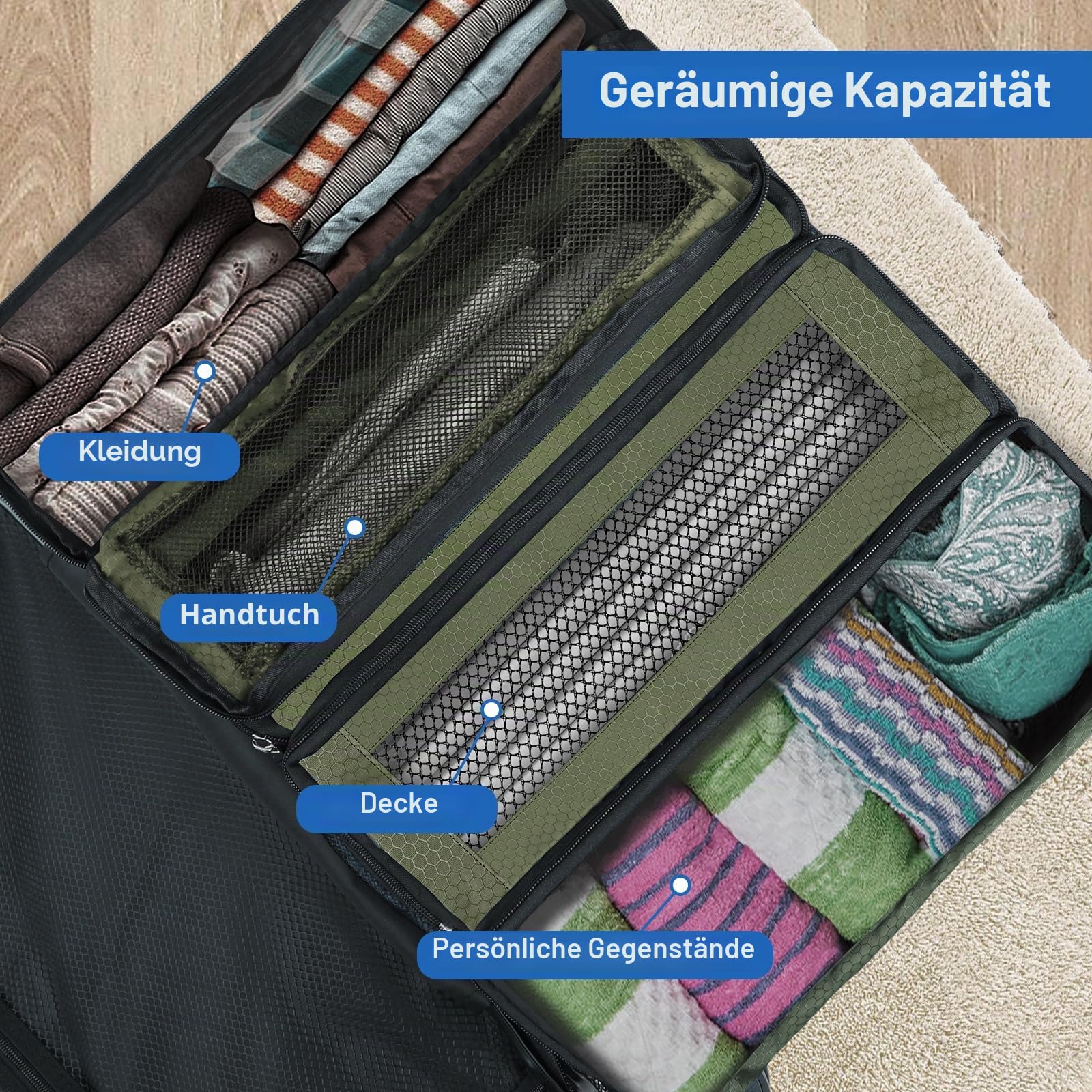 Olosar Koffer-Organizer, Reisegepäck-Organizer, tragbar, hängende Reiseregale, zusammenklappbar, zum Aufhängen, Packwürfel für Handgepäck, Armeegrün, Größe M