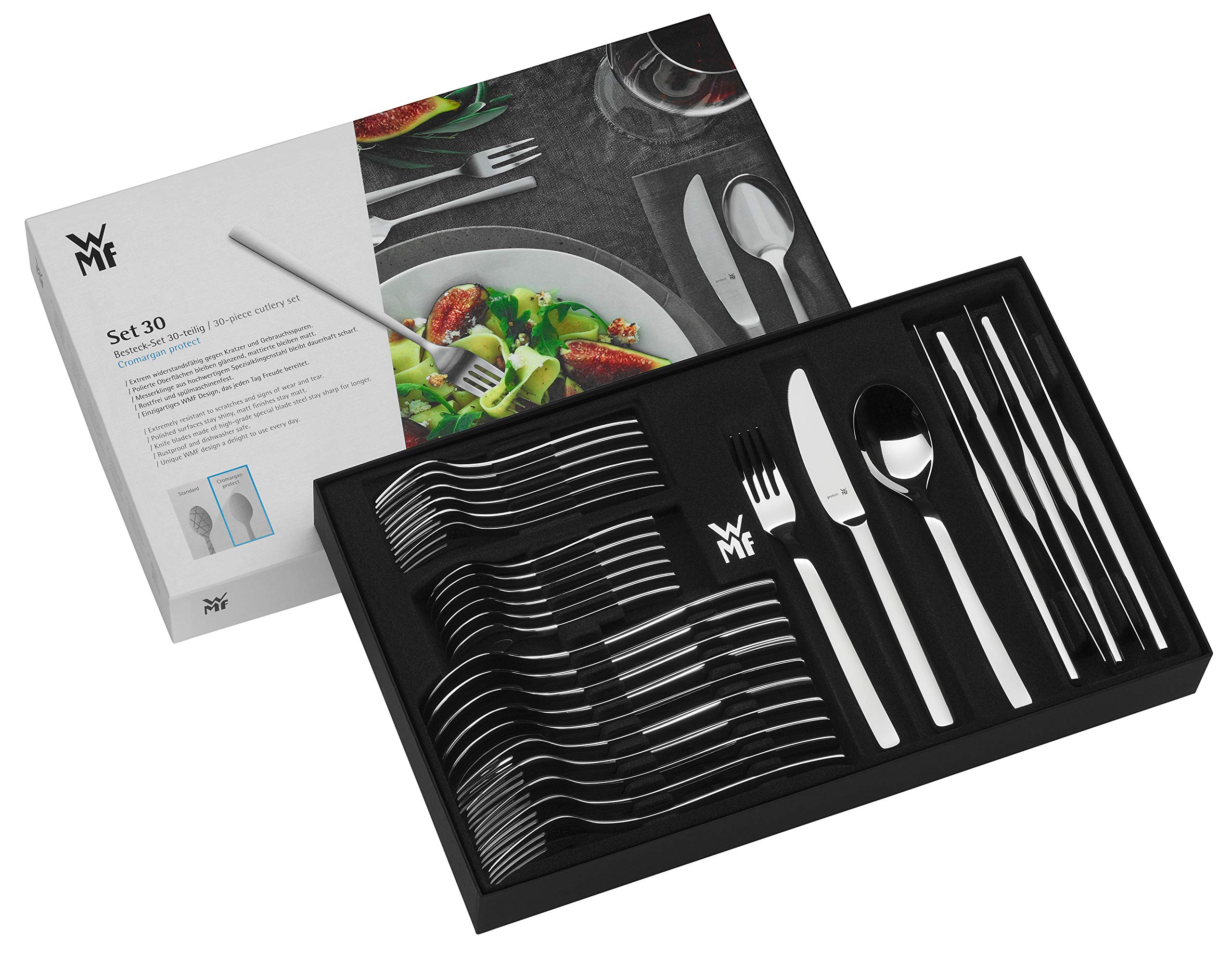 WMF Linum Edelstahl Besteck Set 6 Personen, Essbesteck Set 30 teilig, Monobloc-Messer, Cromargan Protect mattiert, kratzbeständig, spülmaschinenfest