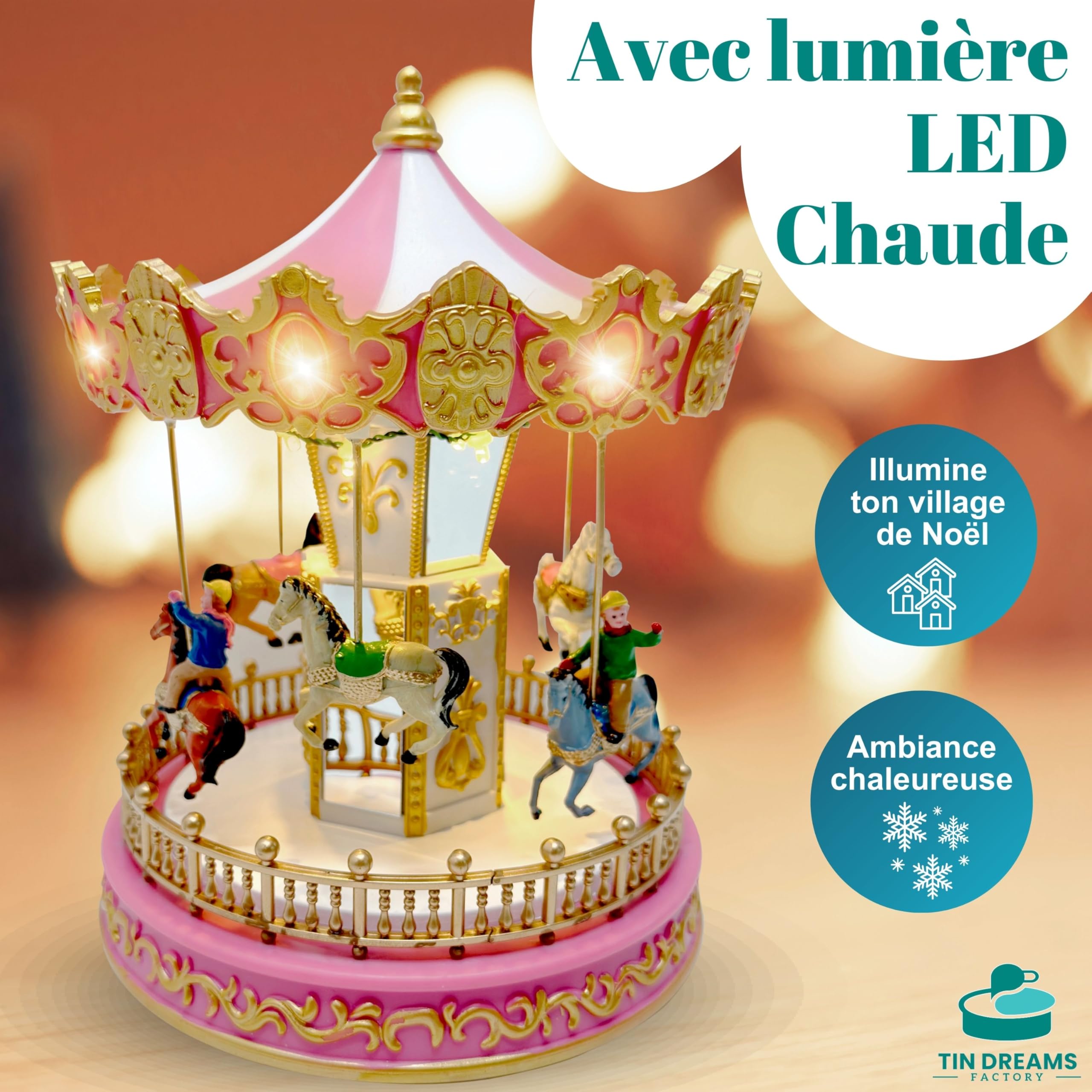 TIN Dreams | Petit Carrousel de Noël avec Mouvement, Musique et Lumières LED | Manège Musical | Village de Noël, Petite Ville, Miniature Christmas, Scène Animée Illuminée | Décoration Intérieur