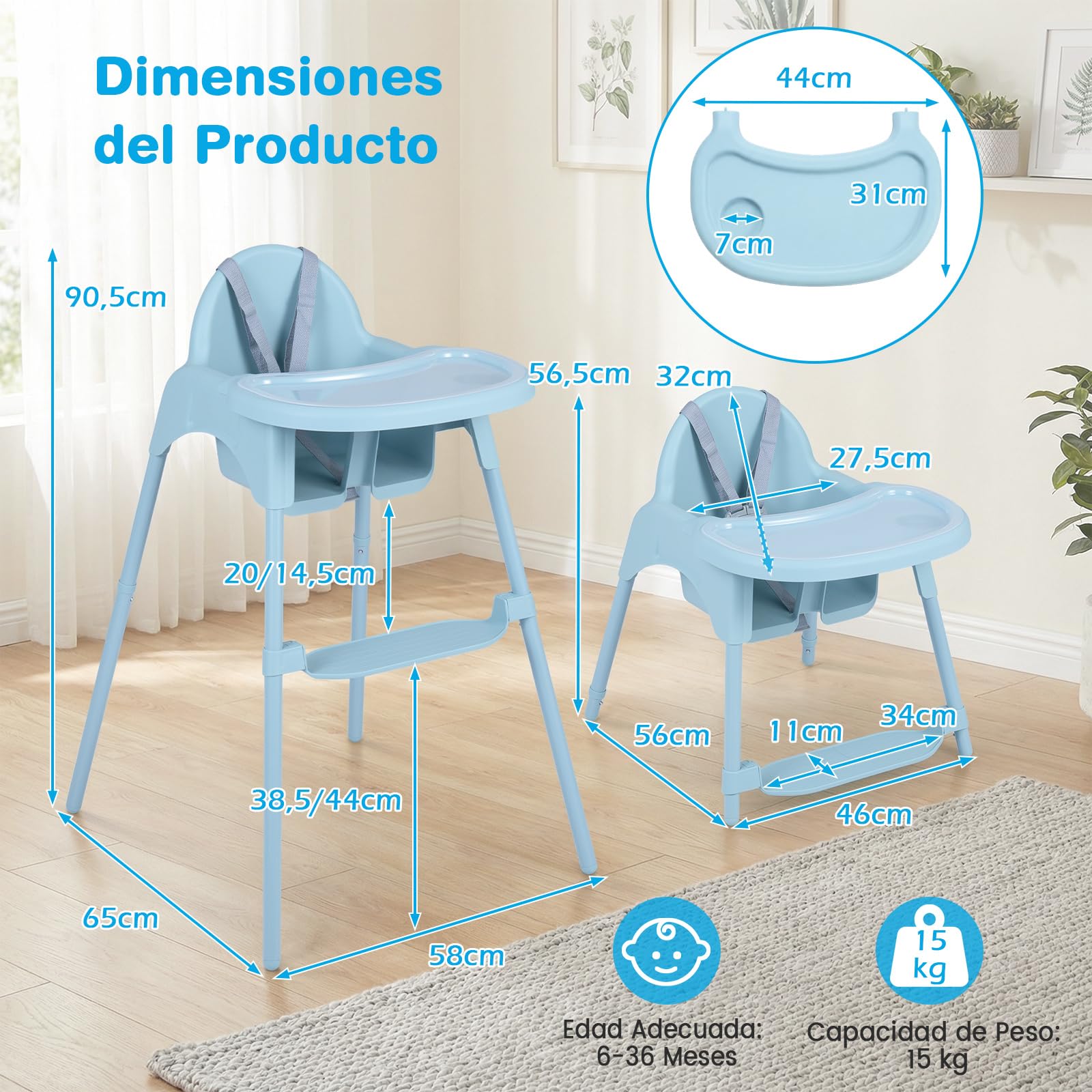 COSTWAY 4 en 1 Tronas de Bebe, Trona Infantil Convertible con 2 Alturas, Bandeja Doble Extraíble, Arnés de Seguridad de 5 Puntos, Reposapiés, Silla de Comer para Bebes de 6-36 Meses (Azul)