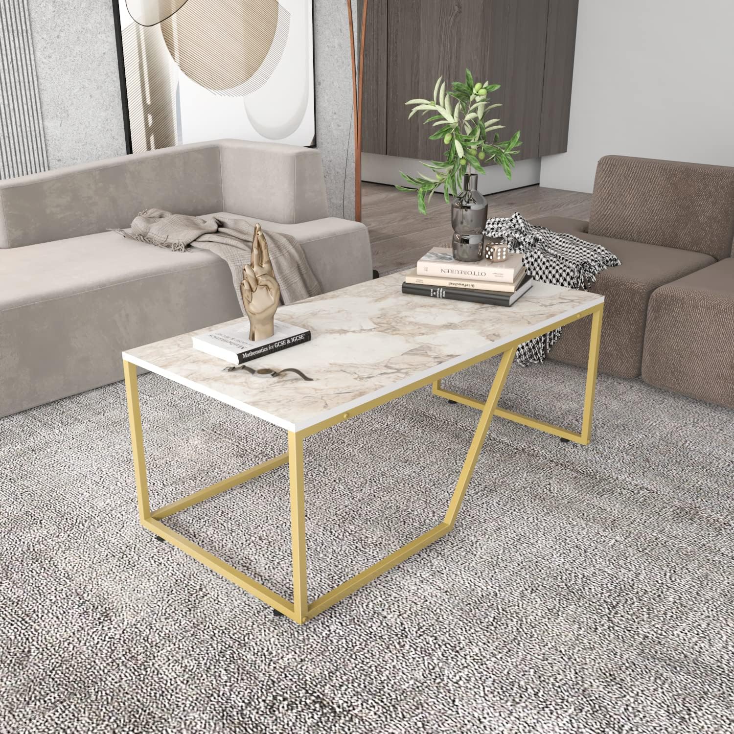 Wendy 47" Modern Coffee Table with Metal Frame – Rectangular Cocktail Table with Wood Top, Industrial Base, Marble Look, Living Room Center Table (Gold Marble)