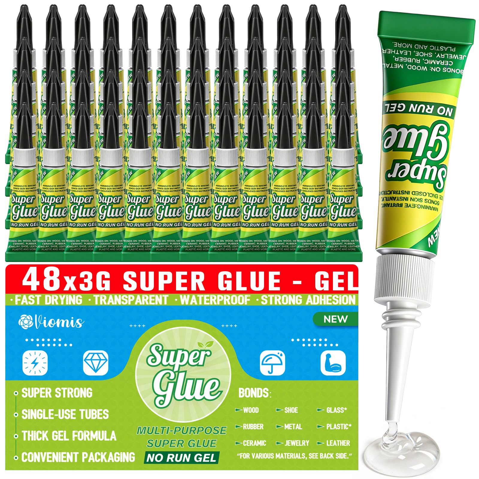 Viomis Super Glue Gel, Clear Glue, 3 Gram (Pack of 48) - All Purpose Glue for Wood Plastic Metal, Instant Superglue All Purpose Multipack Cyanoacrylate Adhesive Repair