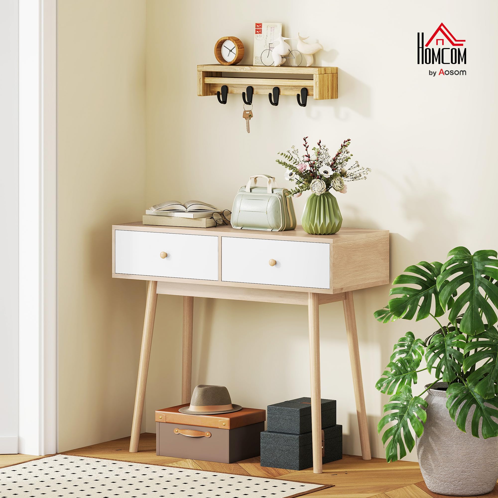 HOMCOM Mesa de Consola Estrecha Consola de Recibidor Mesa de Sofá con 2 Cajones Estilo Moderna para Pasillo Entrada Salón Dormitorio Roble