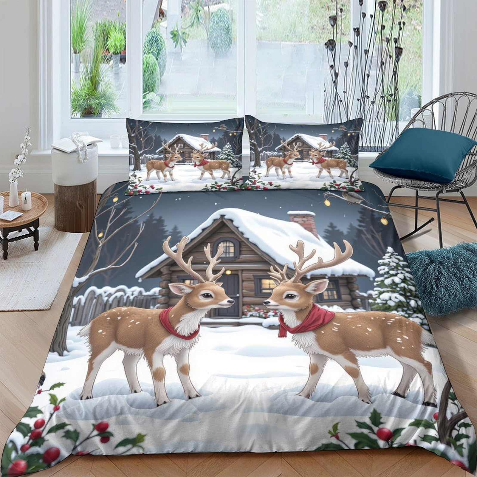 GPLZQXKJNH 3D Printed Christmas Reindeer Duvet Cover Microfiber Winter Cabin Bedding Set with 2 Pillowcases for Bedroom Decor Single（135x200cm）