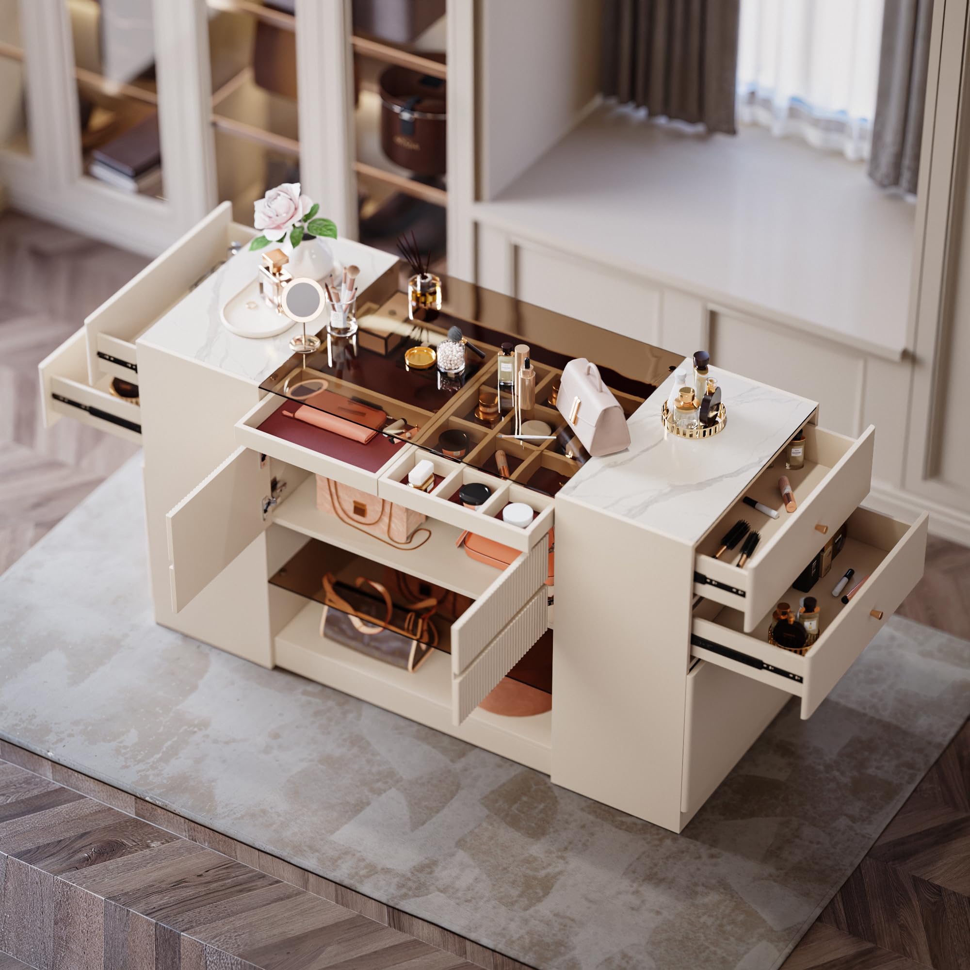 Homary 60 Zoll Insel Schmuckkommode mit Sinterstein & Glasplatte, 2 Schmuckfächern, 4 Schubladen, Türen & Regalen für begehbaren Kleiderschrank