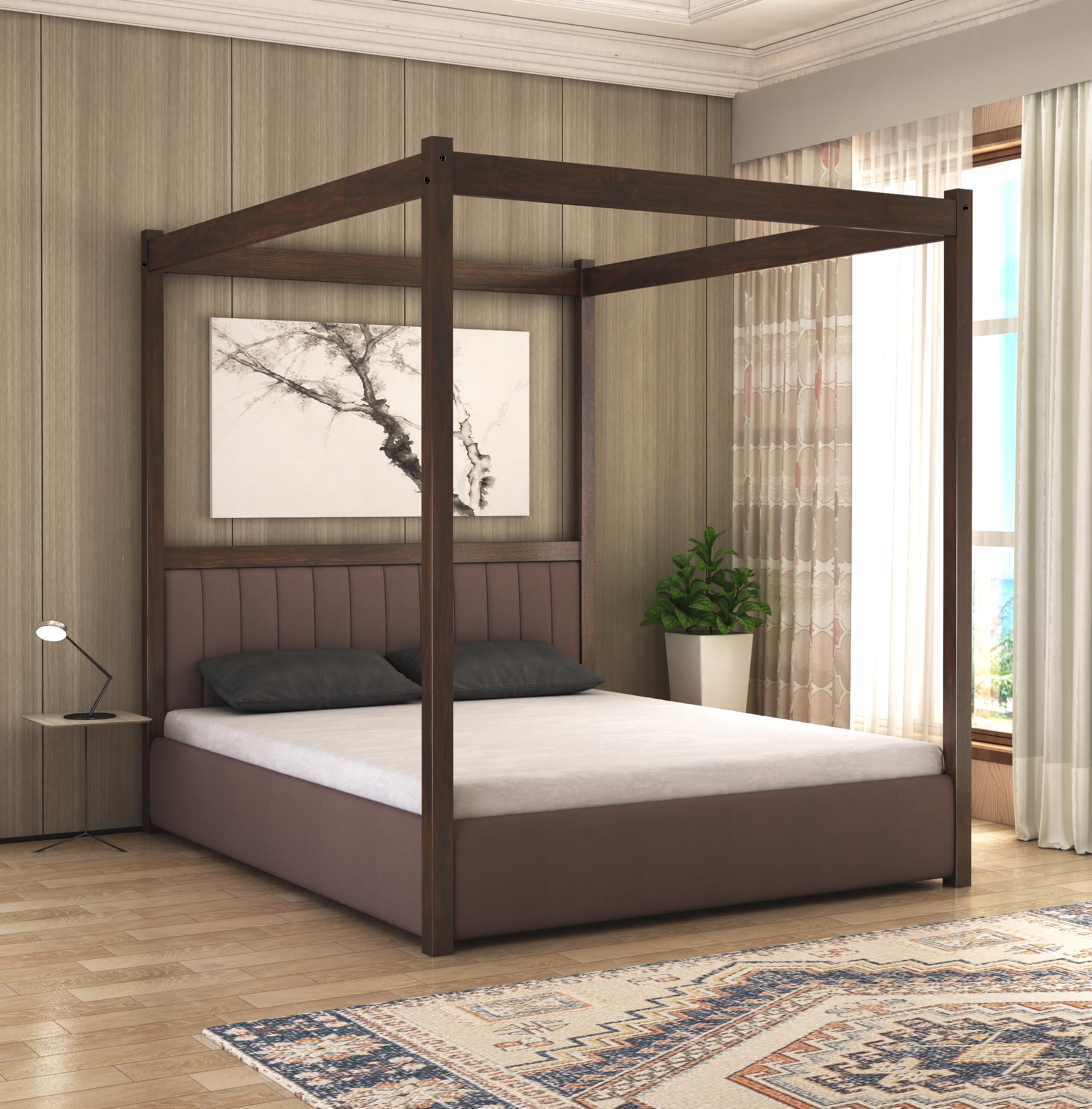 STRATA FURNITURE Solid Sheesham Wood Queen Size Poster Bed with Storage Wooden Upholstered Double Bed for Bedroom Living Room Home (Walnut Finish)