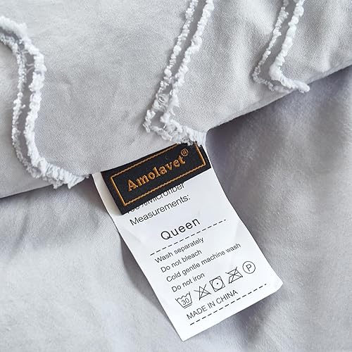 Miniatura 6 de Juego de edredón copetudo, tamaño Queen, 3 piezas, color gris, bohemio, decoración de casa de campo para todas las estaciones, tamaño Queen, juego