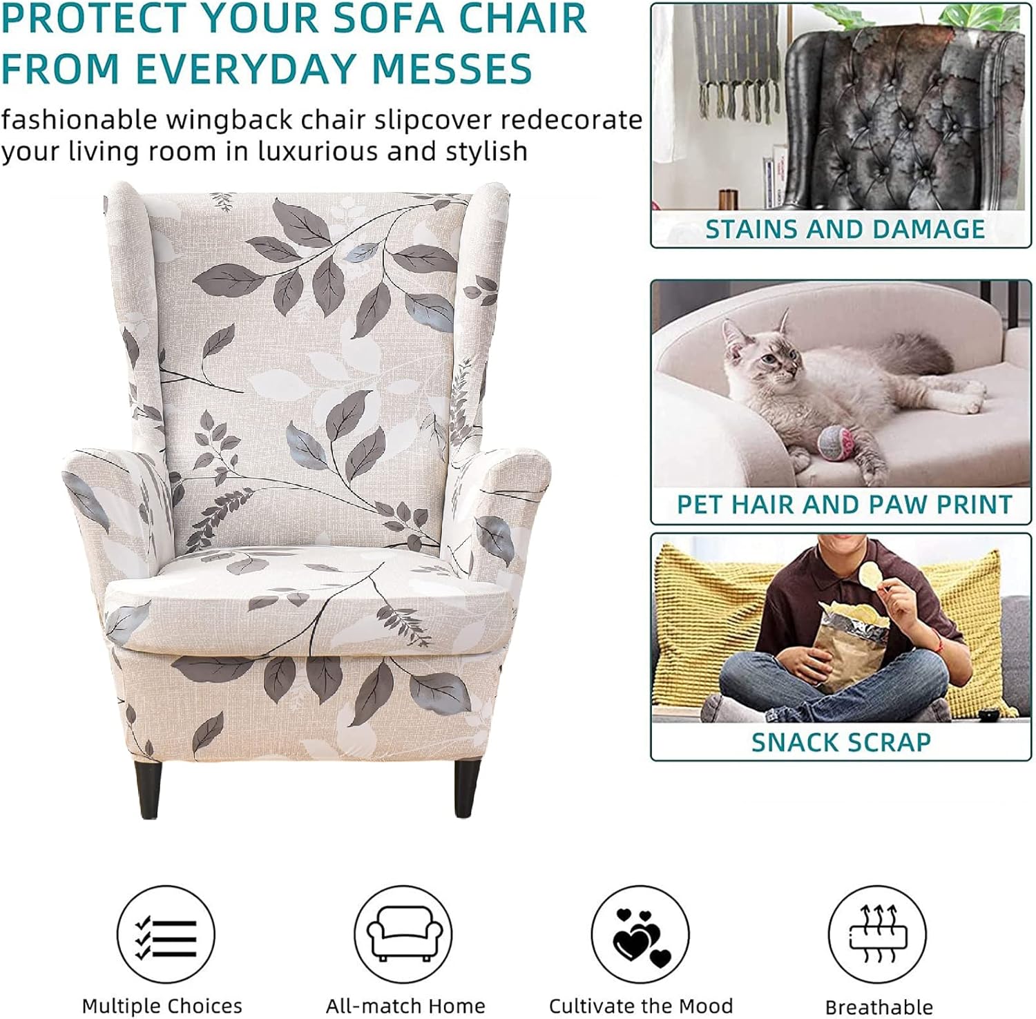 KRFOONN Wingback Chair Covers Slipcovers 2 Piece Stretch Wing Chair Covers Spandex Slipcovers Wingback Sofa Cover Armchair Covers Non-Slip Furniture Protector for Living Room Wingback Chairs, A13