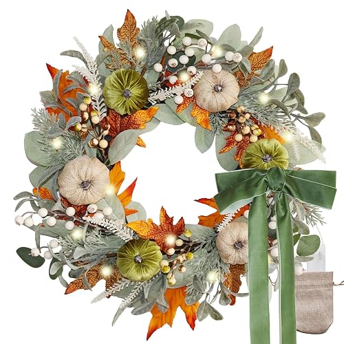 20 Inch Pre-Lit Pumpkin Fall Wreath with Velvet Bow for