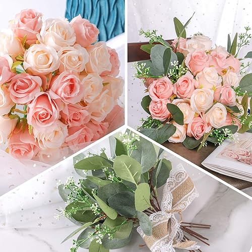 Miniatura 4 de Ageomet 24 flores artificiales de rosas, flores de seda con tallos, ramo de flores falsas, centros de mesa de boda, mesa de fiesta, arreglos
