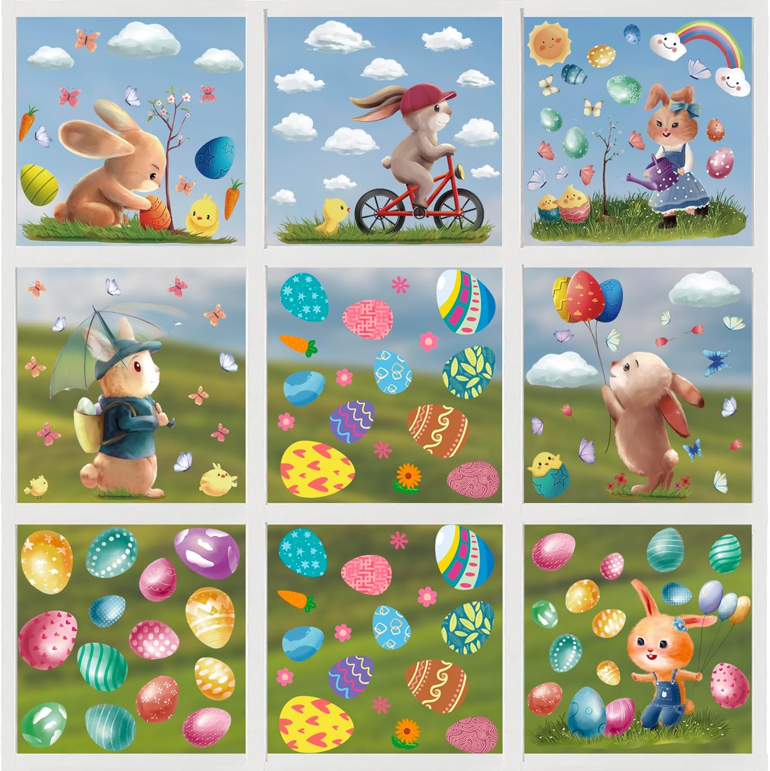 Adesivi Pasquali Per Finestre - 9 Fogli PVC Con Conigli, Uova E Carote - Decorazioni Statiche Riutilizzabili - Foto 2