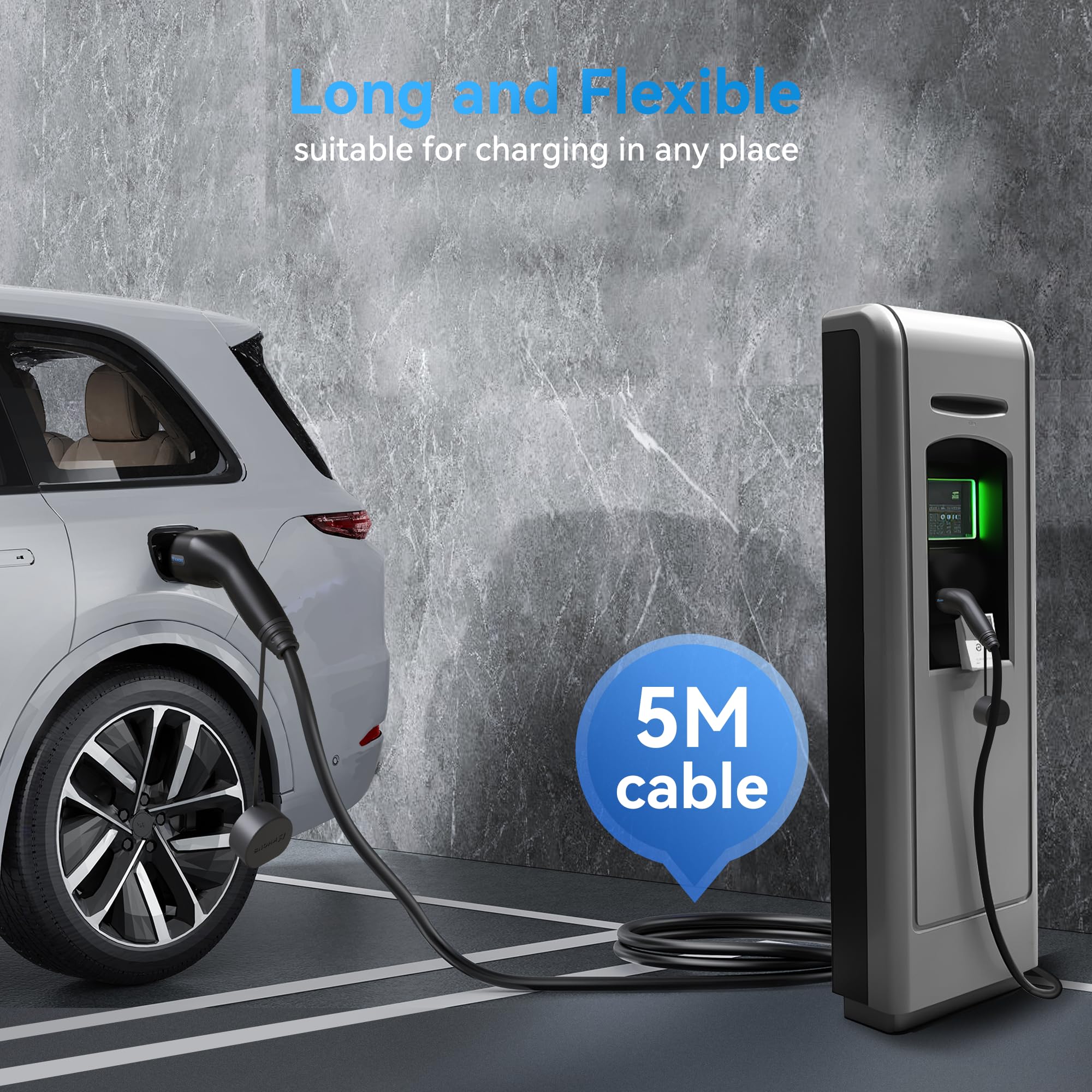 EV Cable de Carga Tipo 2 Cable de Vehículo Eléctrico EV 32A 7.4KW Cable de 5m IP65 Impermeable con Bolsa de Transporte para IEC62196 Híbrido de Carga de Coches Eléctricos（Negro）