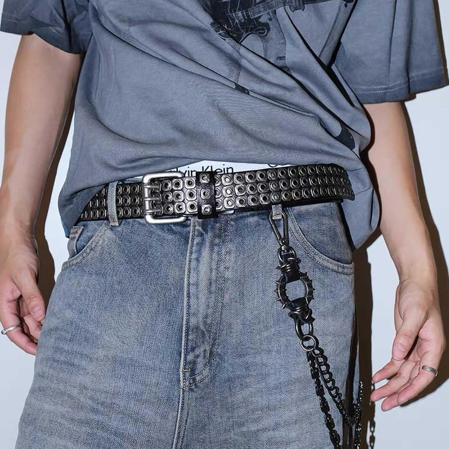 3 Row Studded Belts Punk Hip Hop Personalized Faux Leather Belts For Jeans Pants