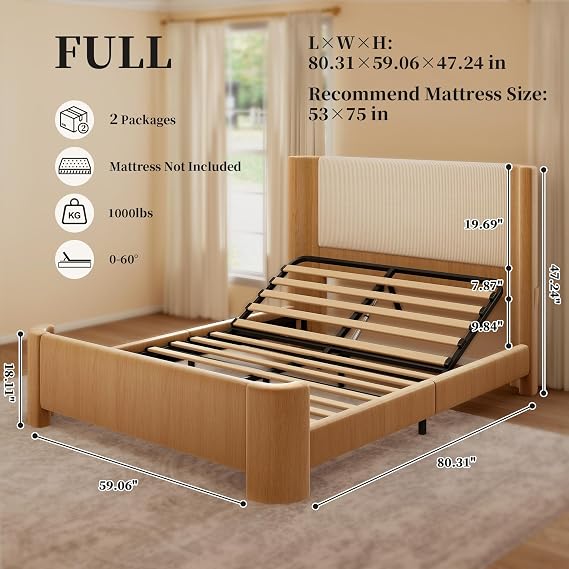 SIBEDS Oak Wood Grain Finish Adjustable Full Bed Frame with Headboard