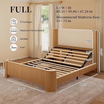 SIBEDS Oak Wood Grain Finish Adjustable Full Bed Frame with Headboard