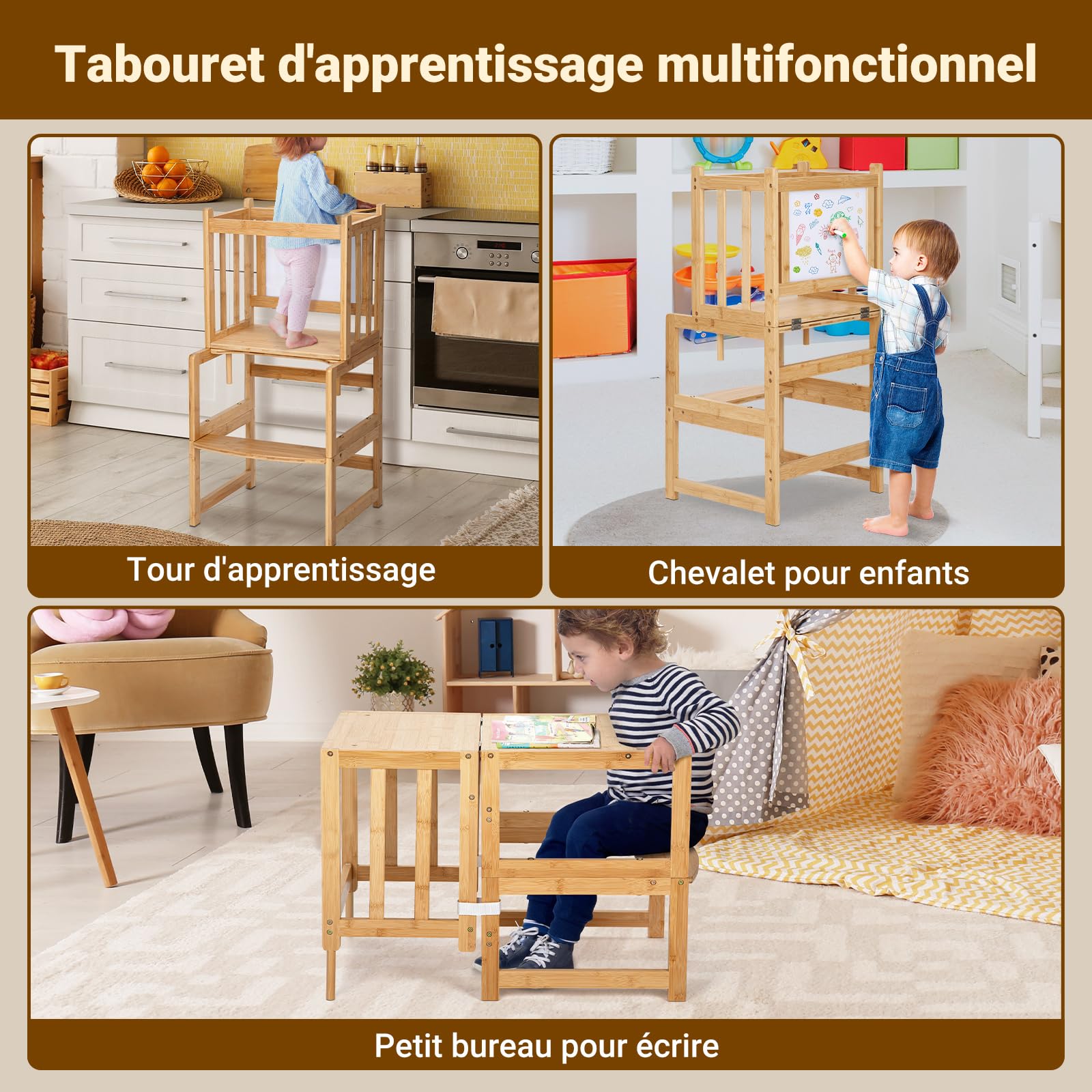Tour D'observation Montessori COSYLAND - Tour D'apprentissage Enfant 18 Mois à 3 Ans, En Bambou, Blanc - 10