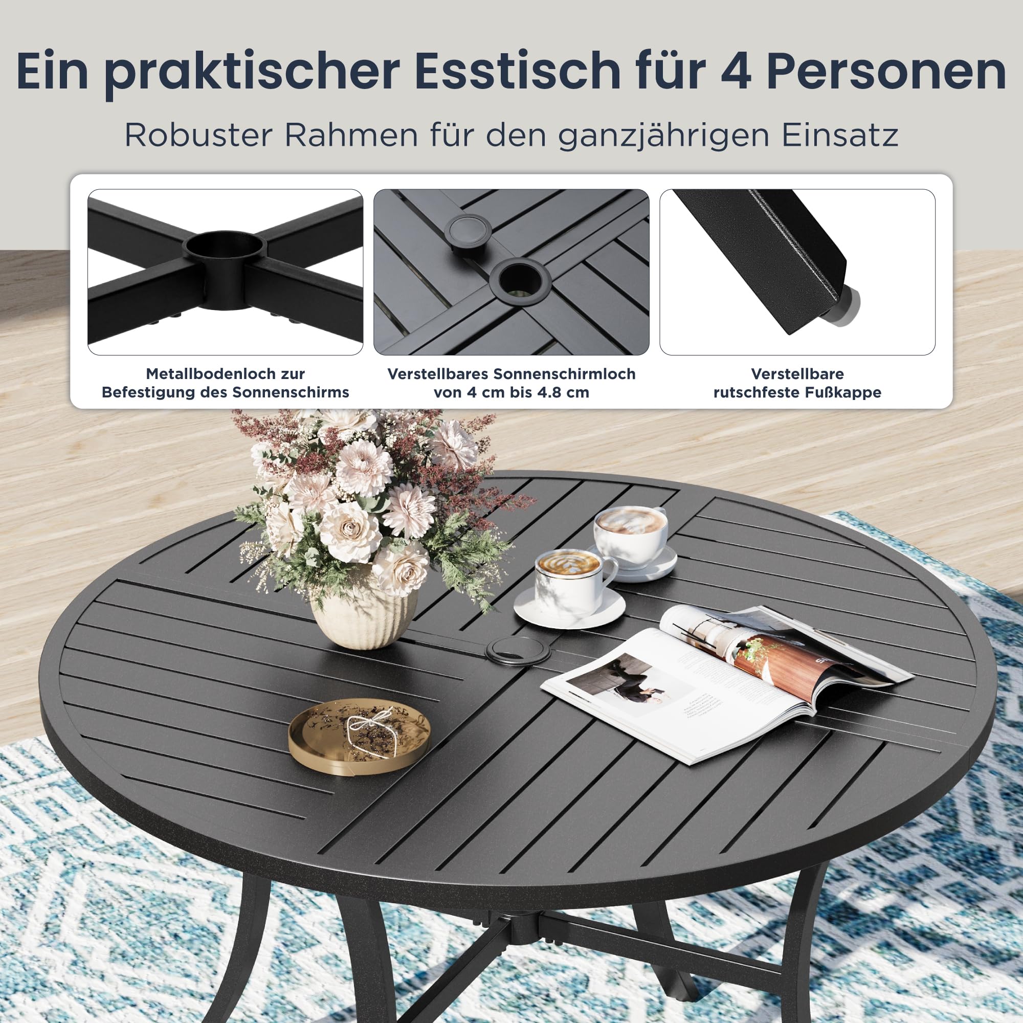 PHI VILLA 5-teiliges Gartenmöbel Set Wetterfest Runder Gartentisch und 4 Braune Textilene Stühle Terrassenmöbel Sitzgruppe Outdoor für Balkon,Deck,Hof