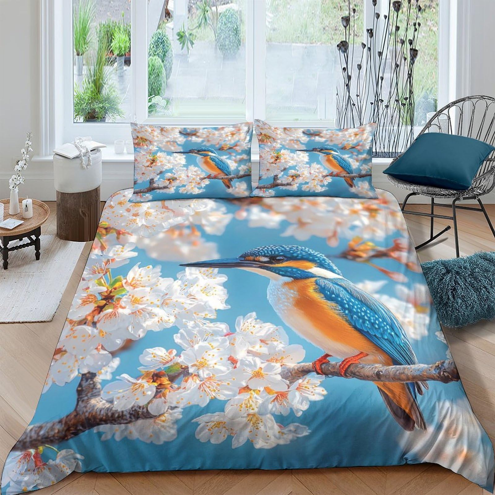 Ctjqhvkz Style-7 3D Printed Kingfisher Blossom Fitted Sheet Microfiber Soft Blue Orange Mattress Cover For Bedroom Guest Room Decor Single（135X200cm）