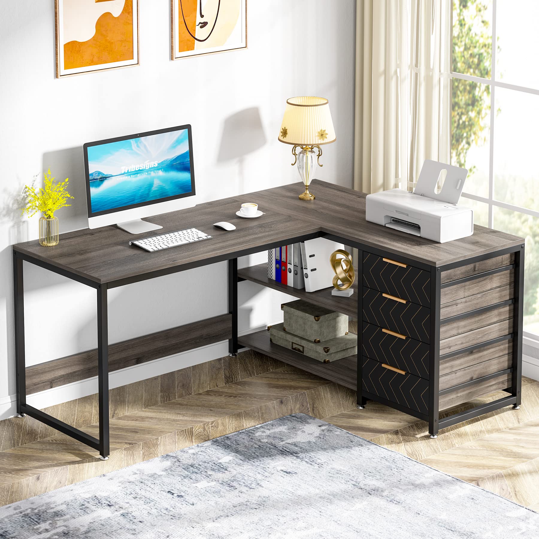 Buy Tribesigns L Shaped Computer Desk with Storage Drawers, 59 inch