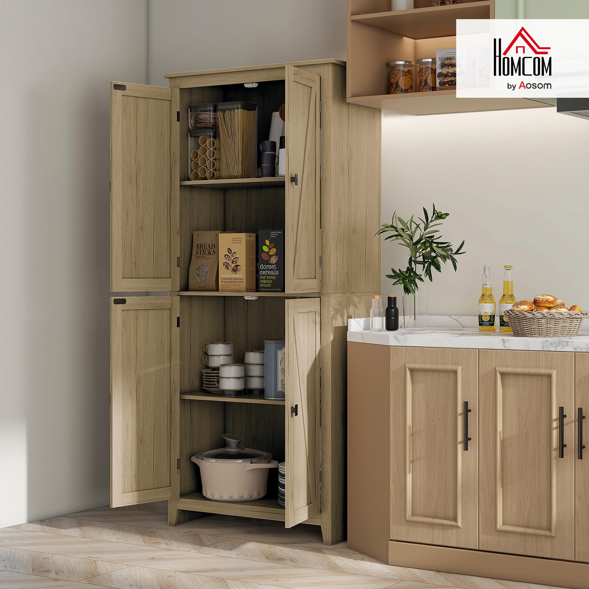 HOMCOM Credenza Moderna a 4 Ante con Mensole Regolabili e Base Rialzata, Mobile Cucina in Legno, 80x40x182 cm, Color Legno