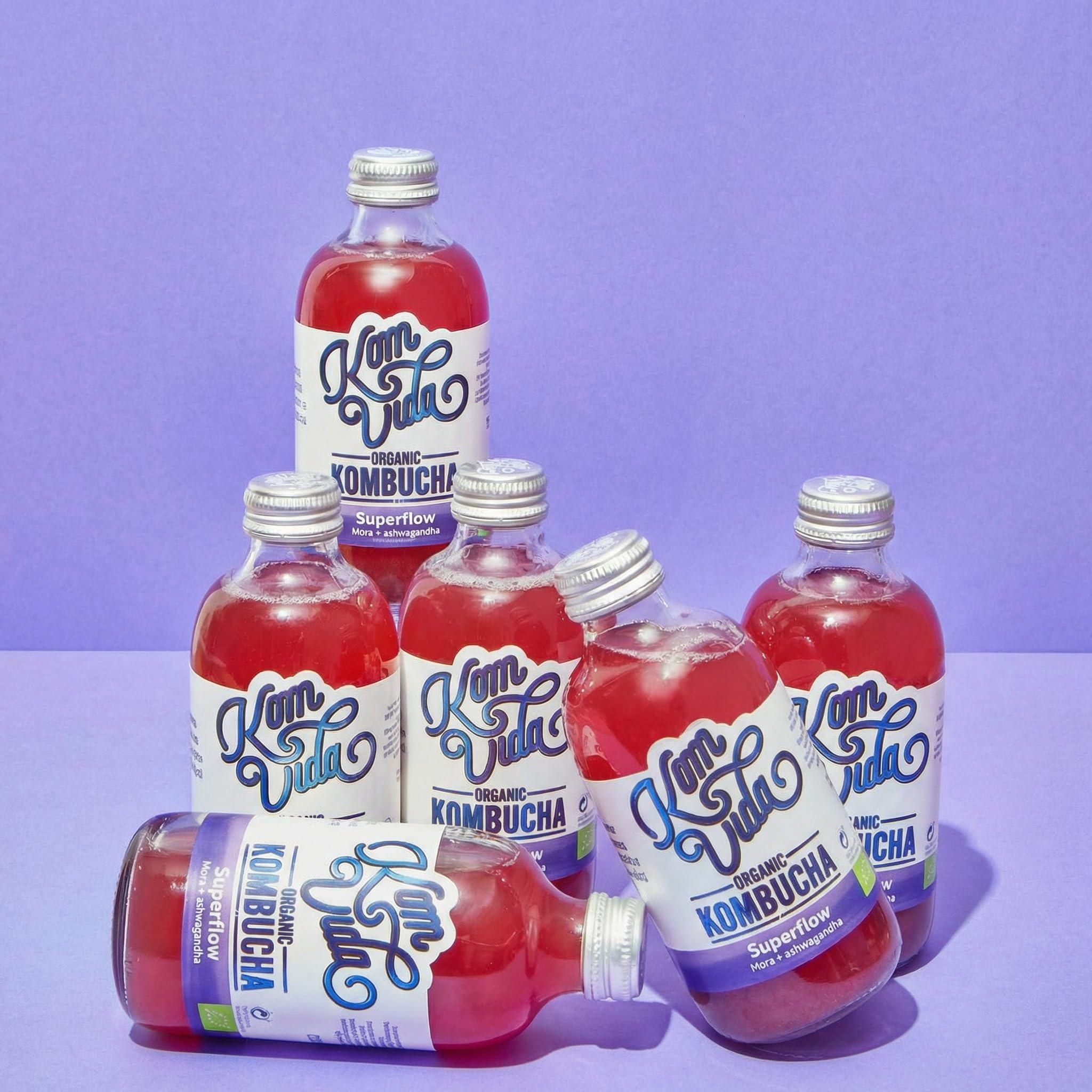 Komvida Kombucha Pack 12x250ml - Bebida Ecológica de Té fermentado, Probióticos Naturales, Sin Azúcares Añadidos - Sabor Superflow