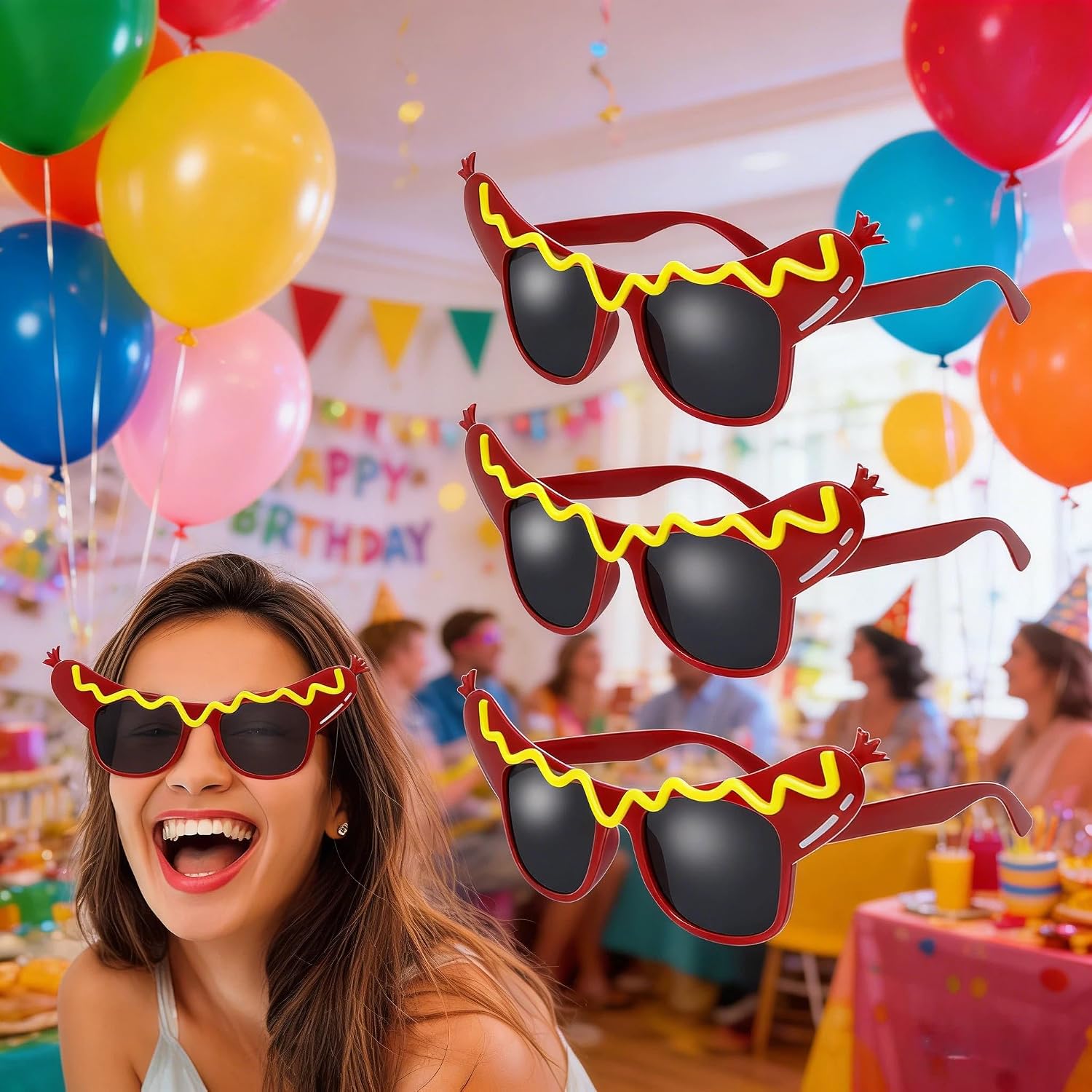 Hot Dog Sunglasses for Adults, 3pcs Funny Dance Party Makeup Glasses Fancy Eyeglasses for Halloween, Birthday, Makeup, Masquerade, Cosplay Costume Accessories