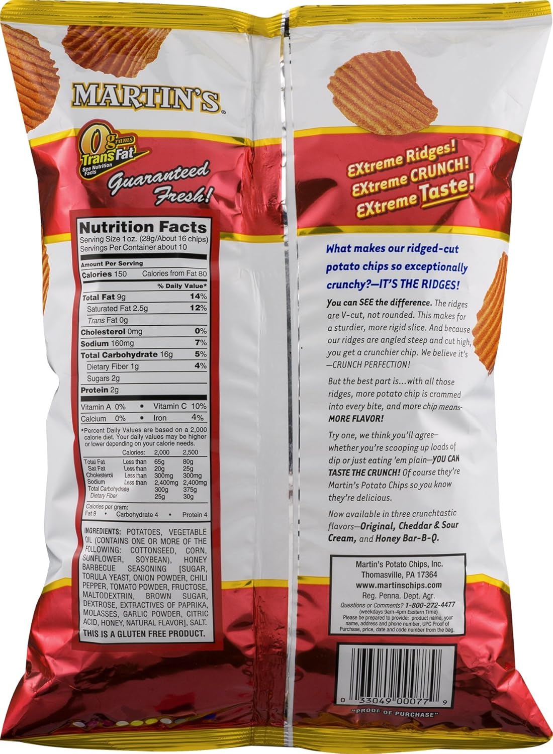 Martin's Honey BBQ Crunchy Ridged Potato Chips 8.5 Ounces (4 Bags)