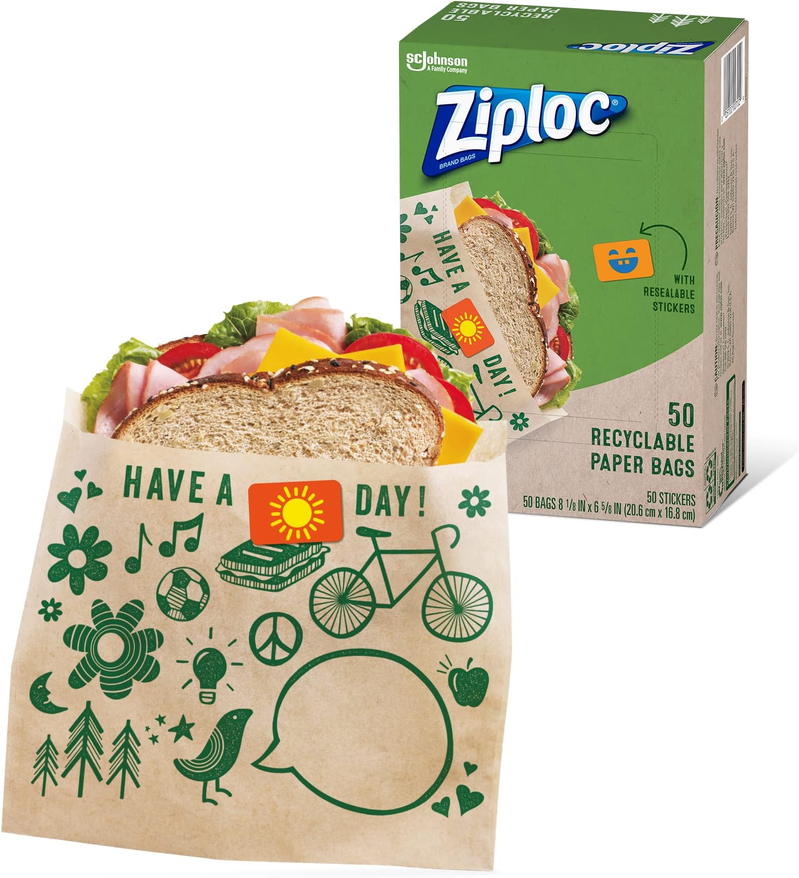 Paper Sandwich and Snack Bags, Recyclable & Sealable with Fun Designs, 50 Bags Total