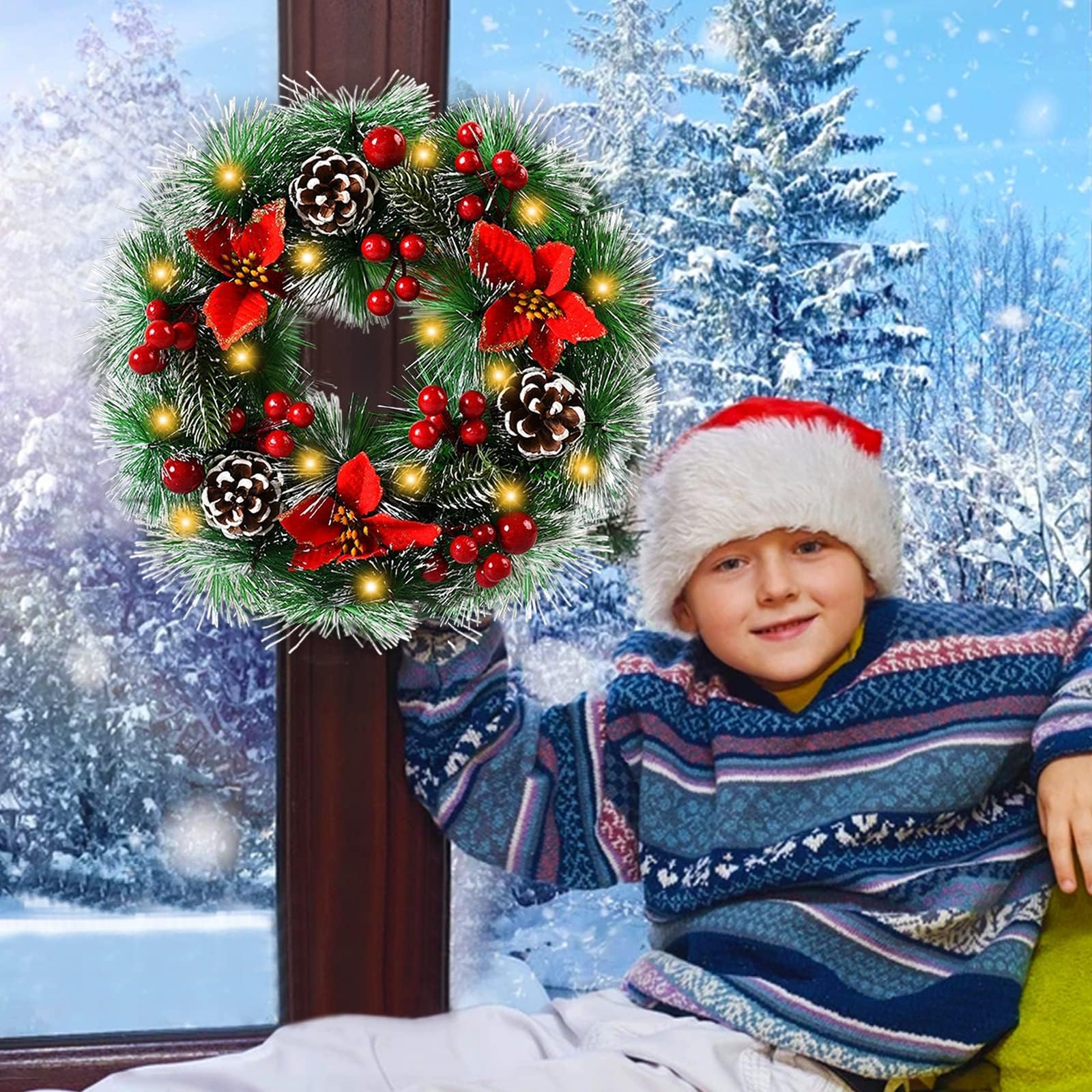 Ghirlanda di Natale (30 cm) Con LED, Fiocco, Palla di Natale, Fiocco di Neve, Bacche per Porta di Casa, Caminetto e Decorazione da Parete