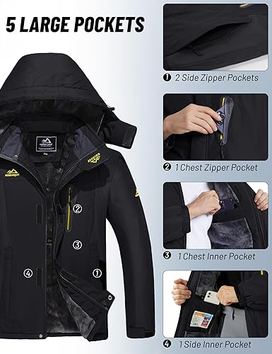 Miniatura 5 de MAGCOMSEN Chaqueta de invierno para hombre, esquí, nieve, impermeable, con forro polar, para snowboard, parka cálida con capucha, 5 bolsillos