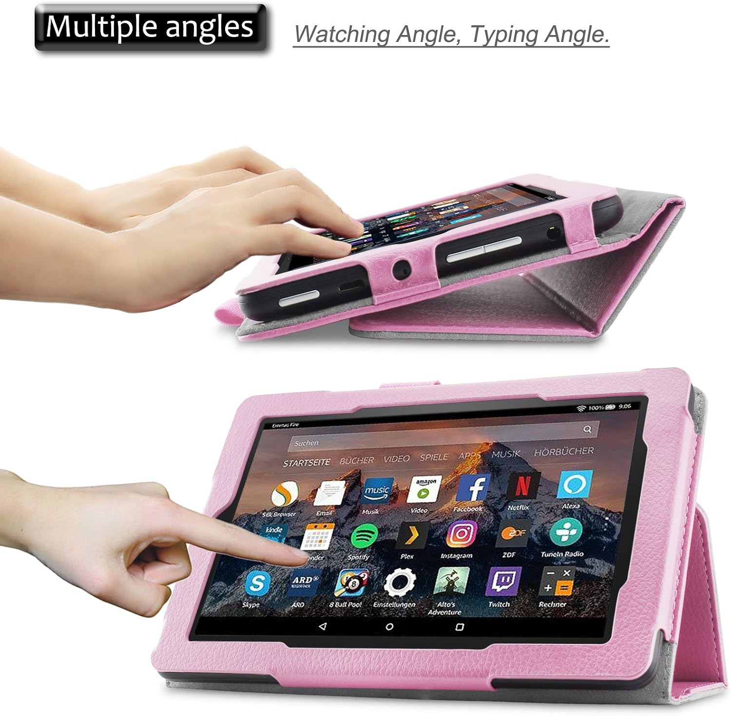 INFILAND All-New Fire 7 2017 / Fire 7 2015 Case - Premium PU Leather Folio Stand Cover Case for All-New Fire 7 Tablet (7th Gen, 2017 Release) / Fire 7 (5th Gen, 2015 Release), Pink