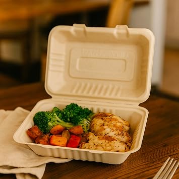BioGreenChoice 9x6x3 Compostable Fiber Molded/Bagasse Take out Container, Hinged Unbleached, 250 CT