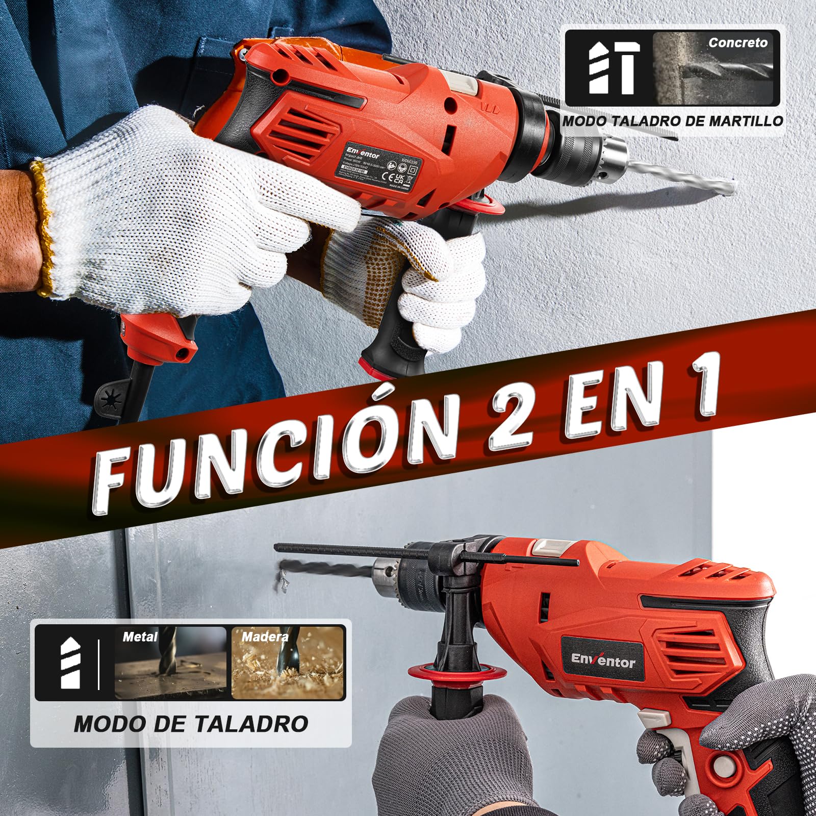Enventor Taladro Percutor con Cable 900W, 37 Accesorios, Función 2 en 1, Velocidad Variable 0-3000RPM, Mango Auxiliar de 360°, Portabrocas de 13MM, para Concreto, Metal y Madera