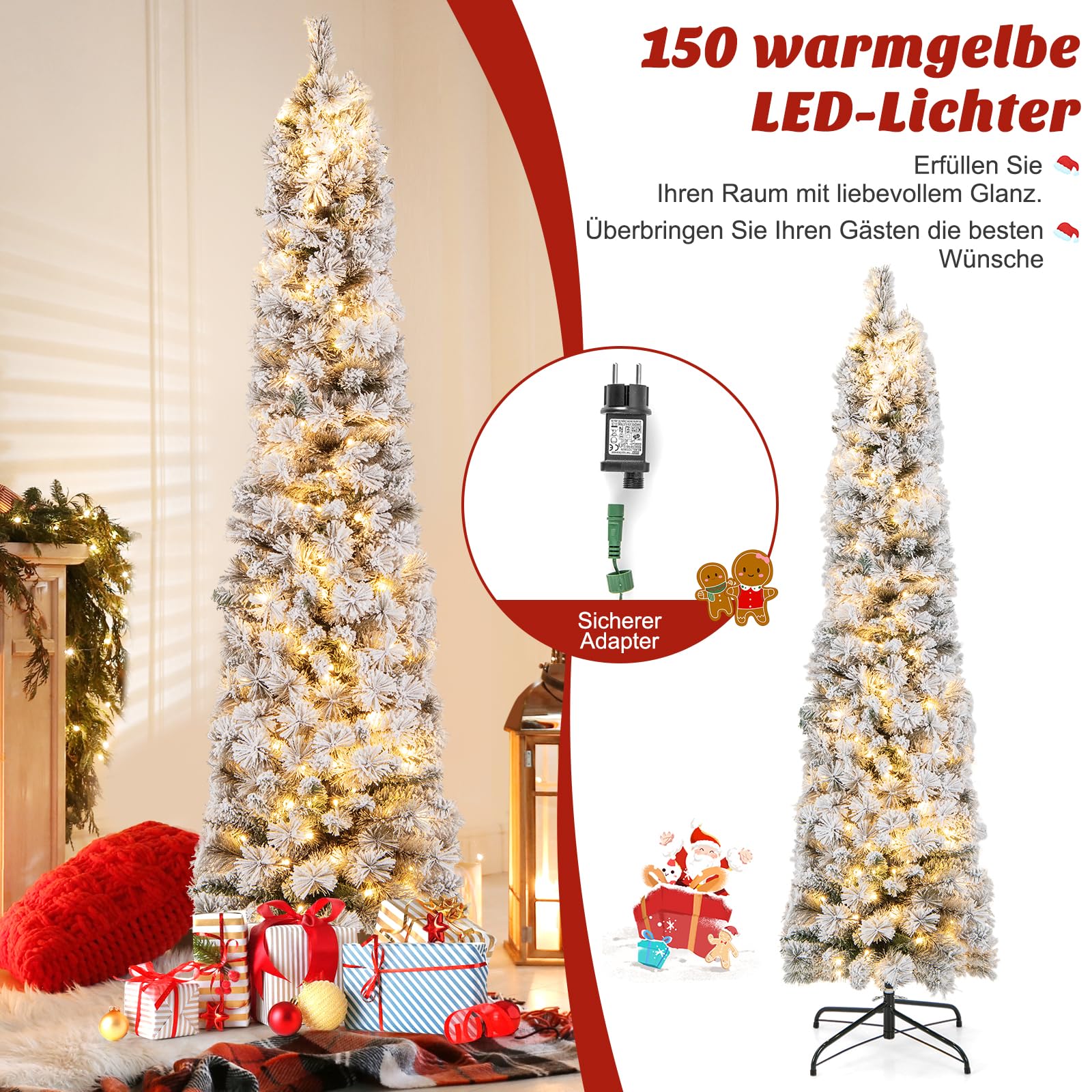 COSTWAY 180 cm Bleistift Weihnachtsbaum mit Schnee, Tannenbaum künstlich mit Beleuchtung, 150 LEDs in warmweiß, Christbaum schmal mit Metallständer, Kunstbaum Weihnachten PVC, Weiß