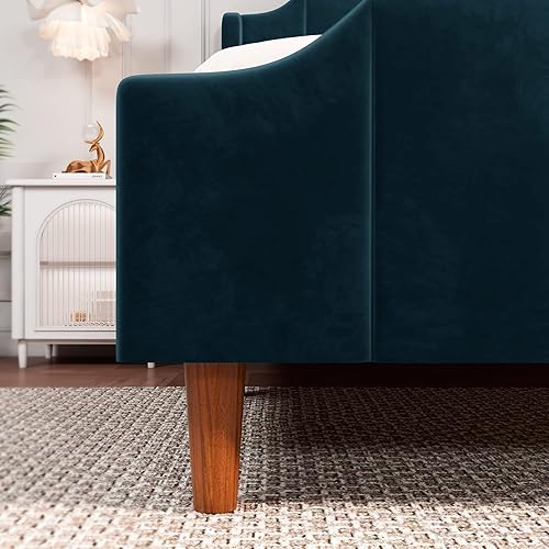 Miniatura 6 de Allewie Base de cama tapizada de terciopelo tamaño Queen con cabecera vertical y estribo, patas de madera maciza y soporte de listones fuertes, no