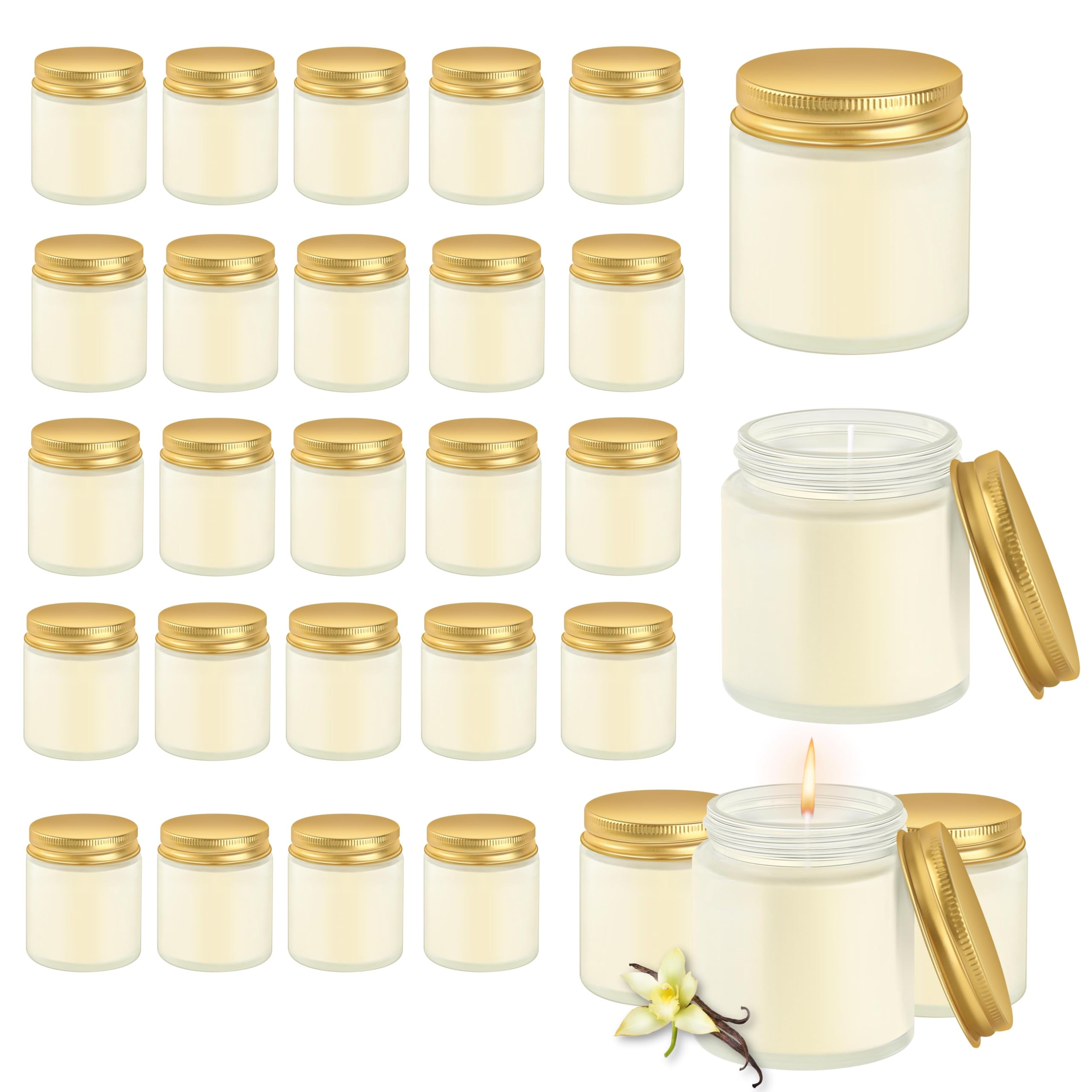 Einmachglas-Kerzen, Vanilleduft, Soja-Kerzen, Großpackung für Stressabbau und Entspannung, tolles Gastgeschenk für Hochzeit, Weihnachten, Einweihungsgeschenk (Gold, Milchglas, Vanille, 24 Stück