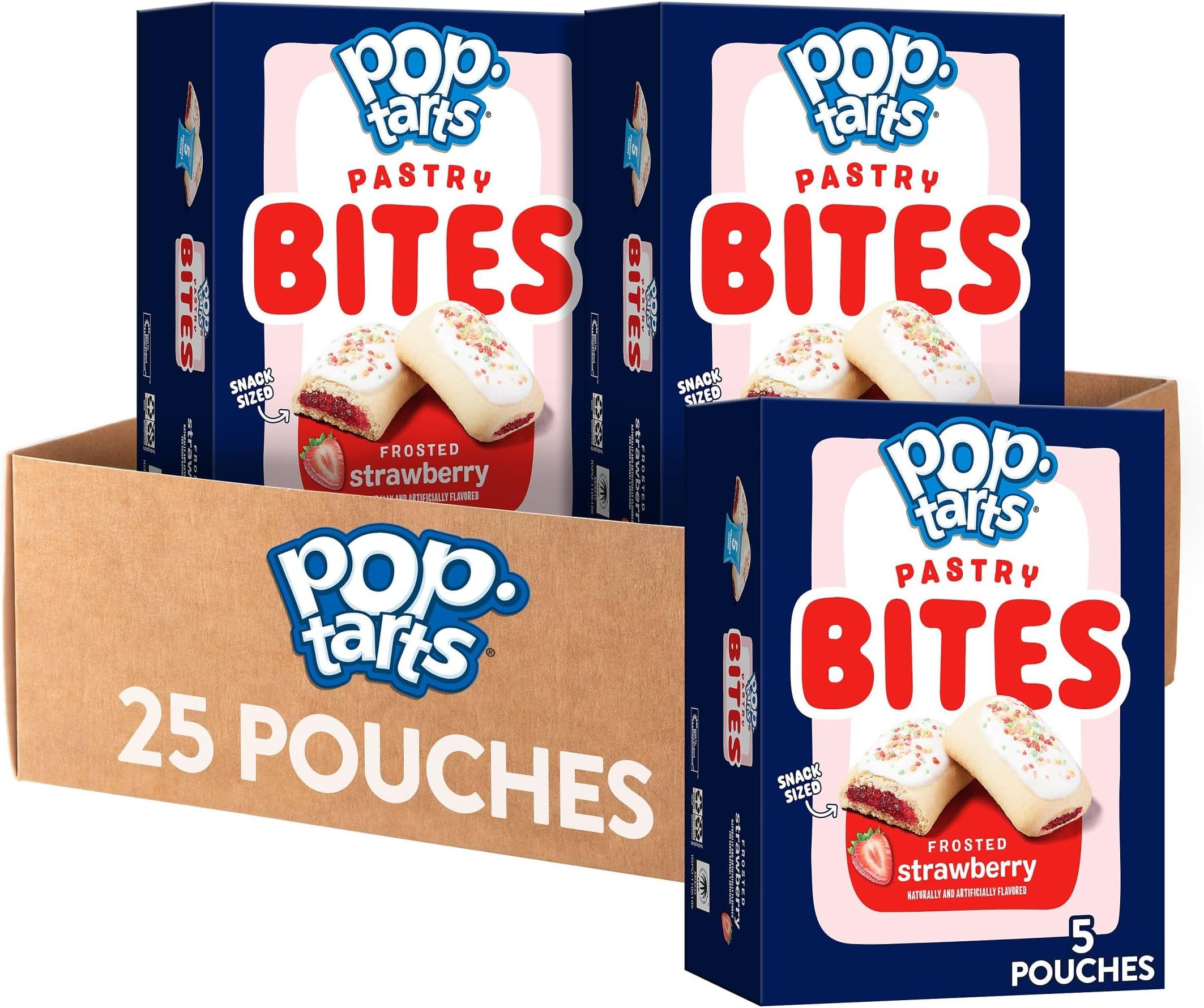 Baked Pastry Bites, Kids Snacks, School Lunch, Frosted Strawberry (5 Boxes, 25 Pouches)