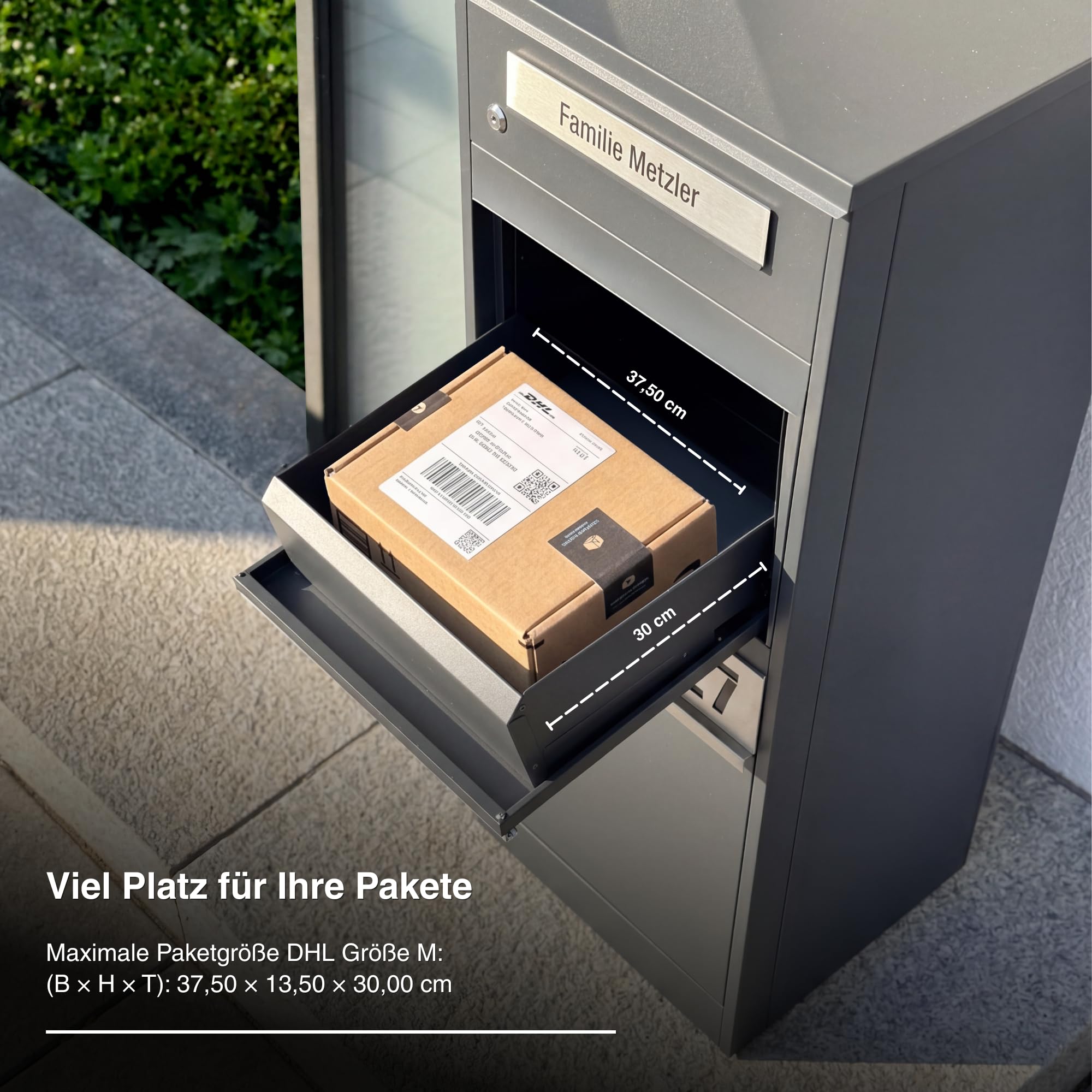 Metzler Paketbox, Briefkasten mit großem Paketfach in Anthrazit, personalisierte Paketbox für draußen, Standbriefkasten mit Paketfach, Paketkasten, Postbox mit Gravur, rostfrei und massiv - Bispo 2