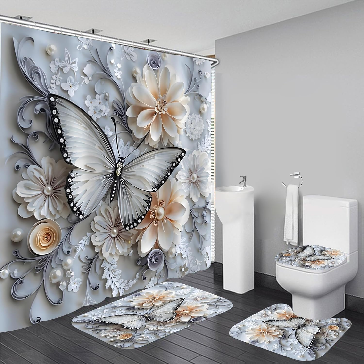 DDQQ 4Pcs Shower Curtain Sets, Blue White Butterfly Bathroom Curtains Shower Set, Bathroom Decor Sets, Shower Curtain for Bathroom with Rugs, Toilet Lid Cover, Bath Mat and 12 Hooks, 71 x 71 Inches