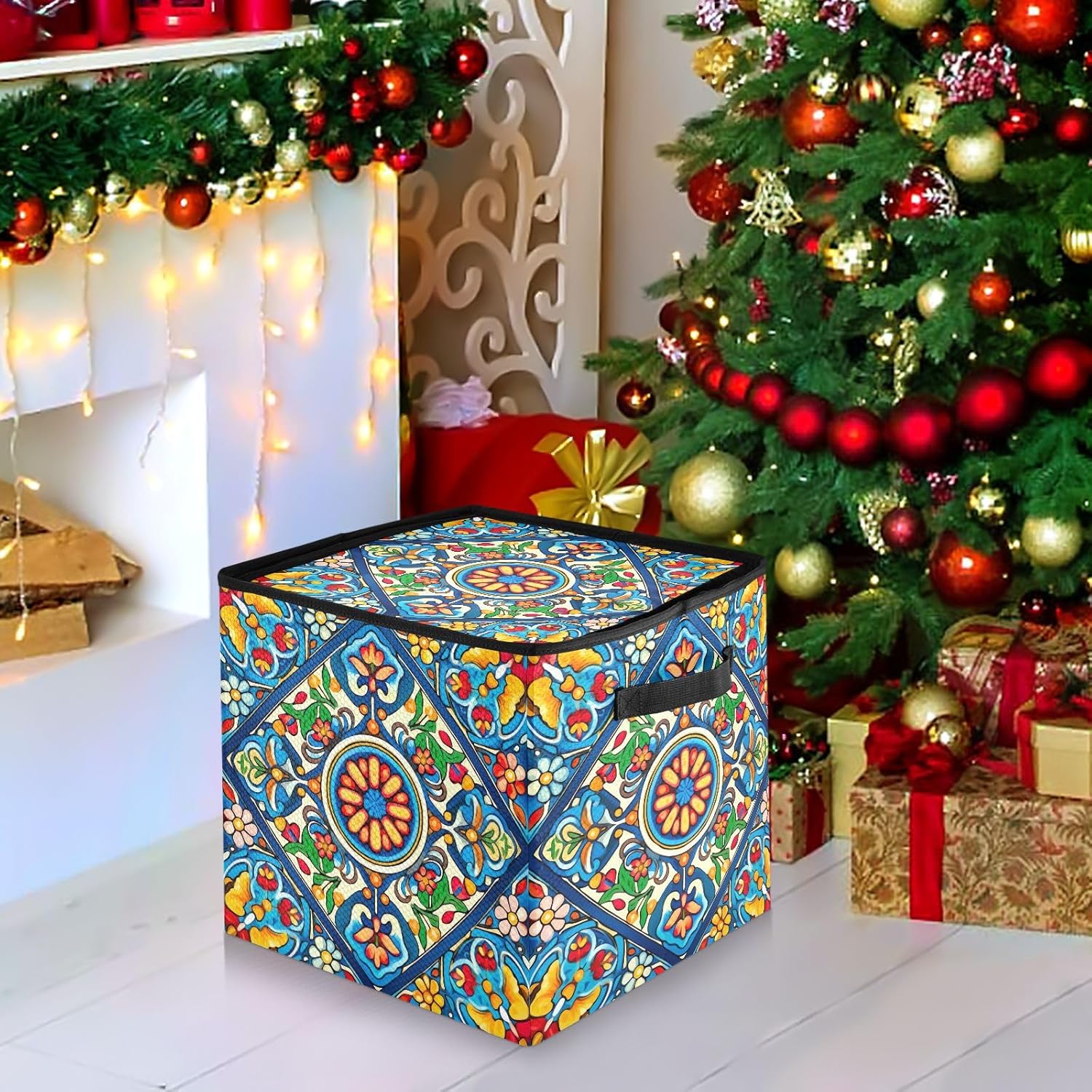 Colorful Mexican Style 13 Inch Christmas Ornament Storage Box with Lid - Holiday Decor Storage Containers, Stores 64 Ornaments, 3 Inch Cube Compartments