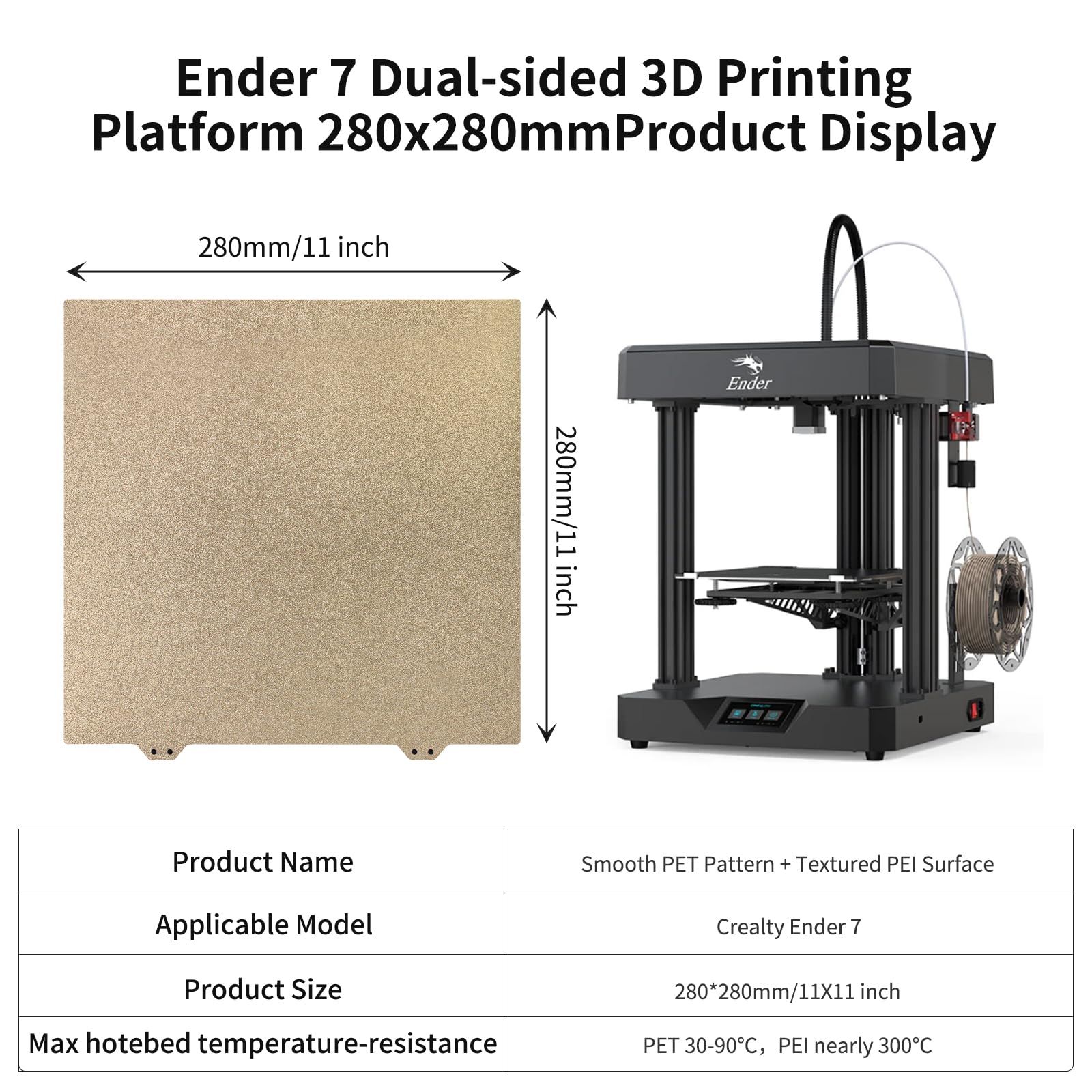 BCZAMD Ender-7 Imprimante 3D Flex 280 x 280 mm Plaque de construction – Tôle d'acier à ressort PEI lisse double face texturée PEI : couverture de lit chaud avec autocollant magnétique pour filament