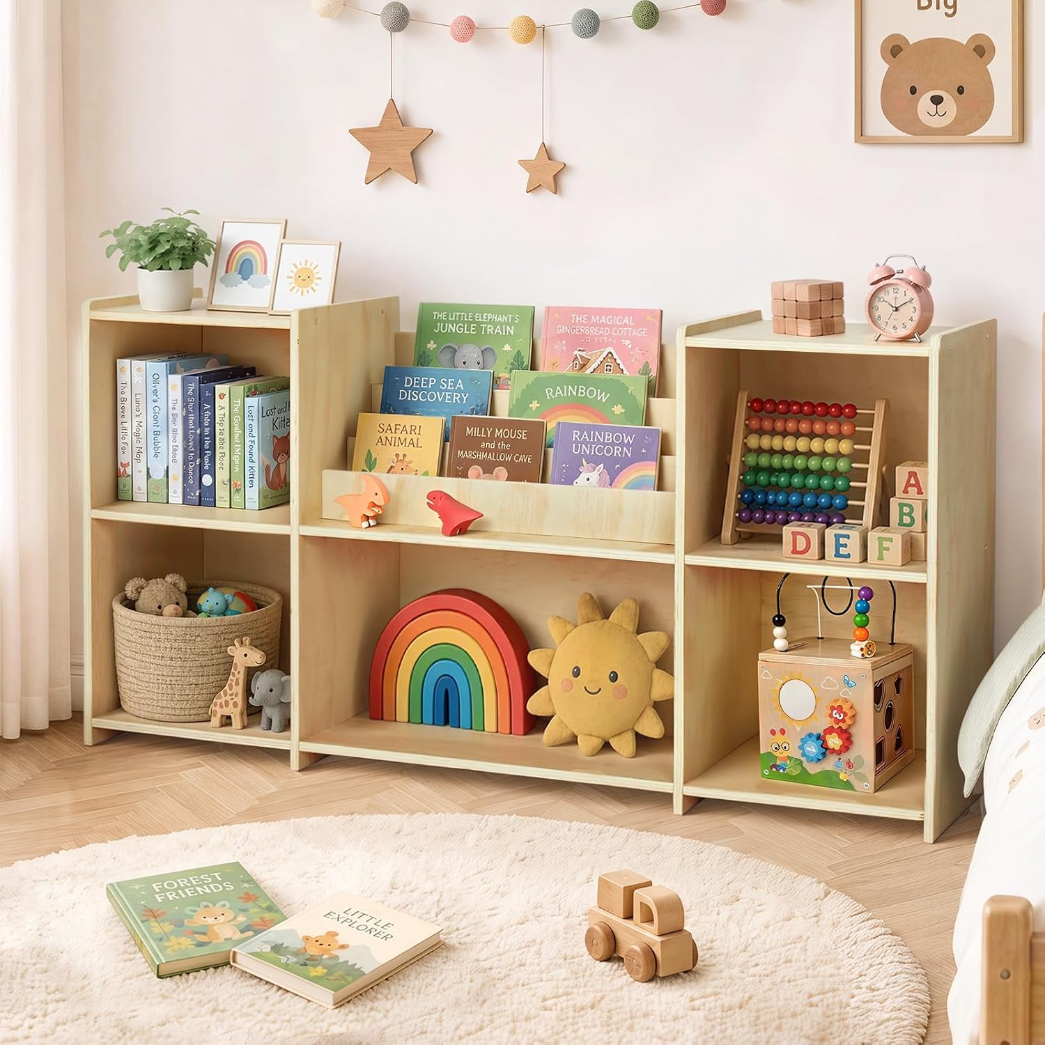 Montessori Bookshelf for Kids, Wooden Toy Storage Organizer