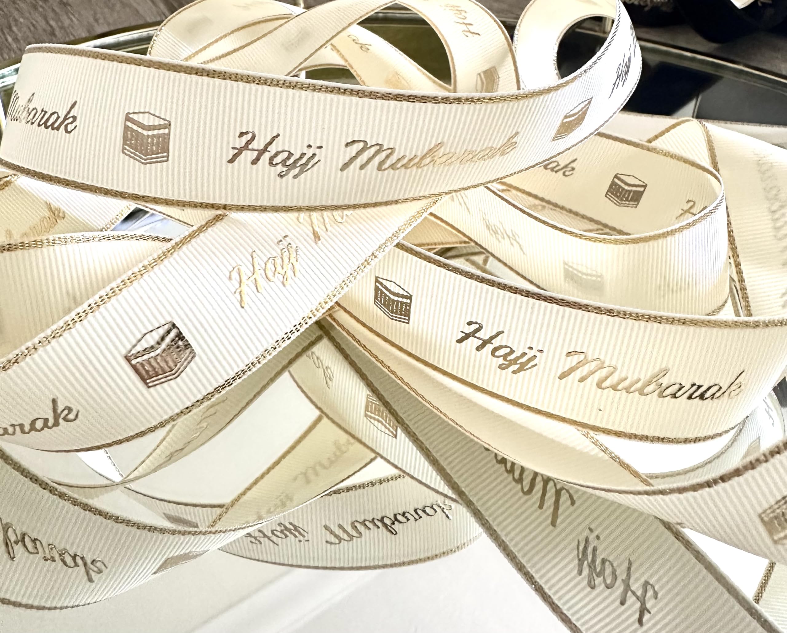5M Hajj Mubarak Ribbon Ivory Grosgrain, Hajj Gifts, Hajj Presents, Hajj Hampers, Hajj Ribbon Wrapping, Gift Bow, Hajj Decorations. (Ivory)
