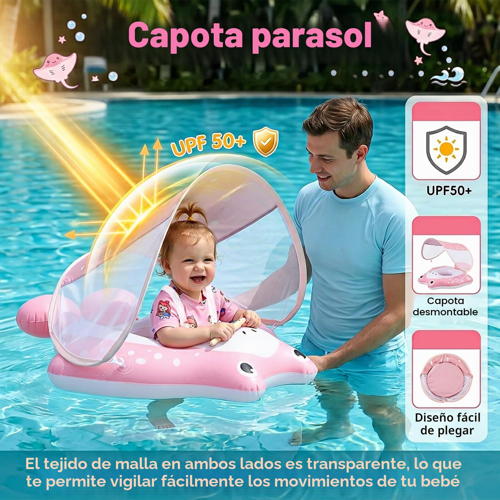 Qoosea Anillo de Natación para Bebé de 6 Meses a 3 años, Inflable Anillo de Natación Niños con Dosel Solar Protector UPF50+, Flotador para Bebé, Boya de Verano Agua Juguete Boya Piscina